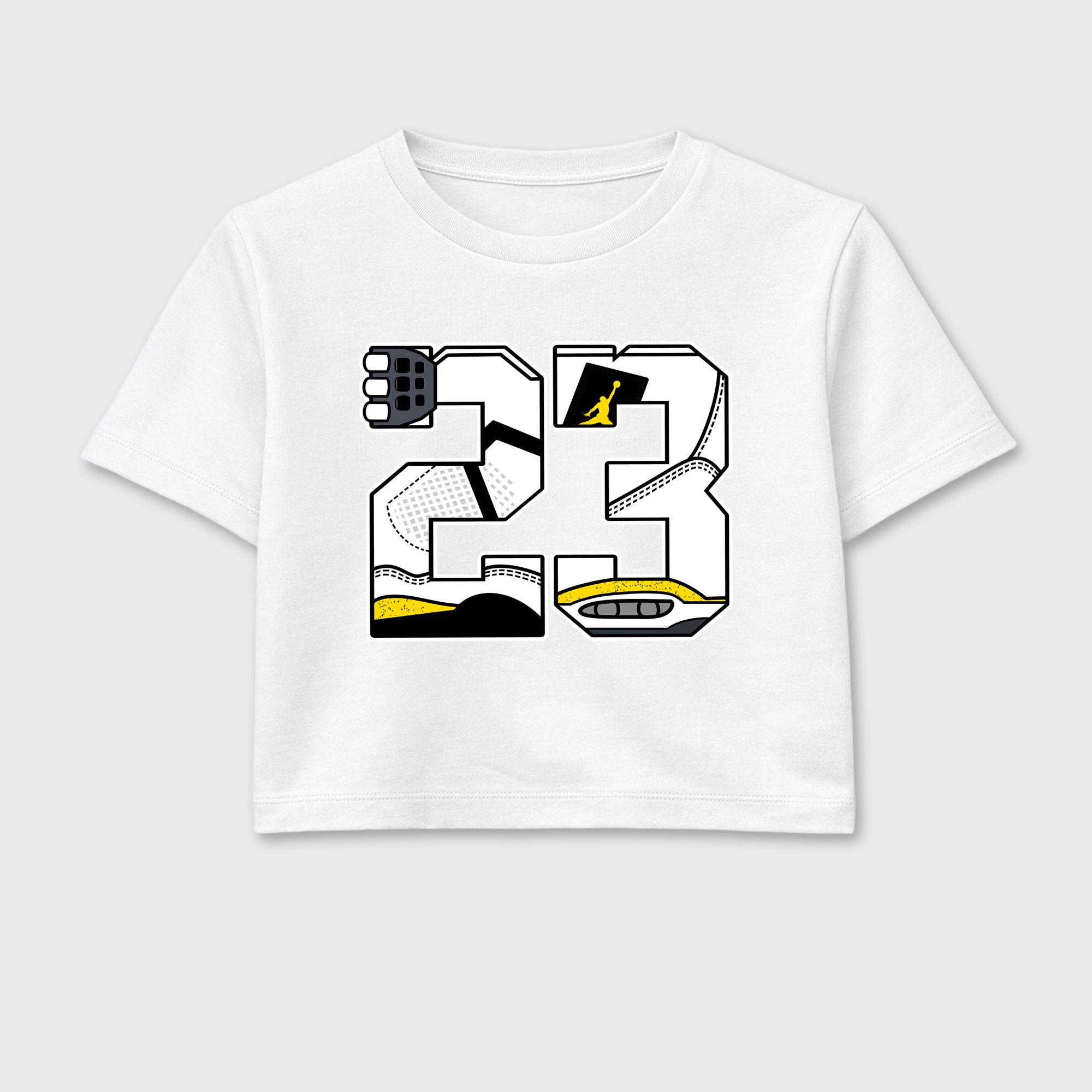 23 women’s crop tee designed to match the Air Jordan 4 Tour Yellow, featuring coordinated White 2 options for a perfect streetwear vibe.