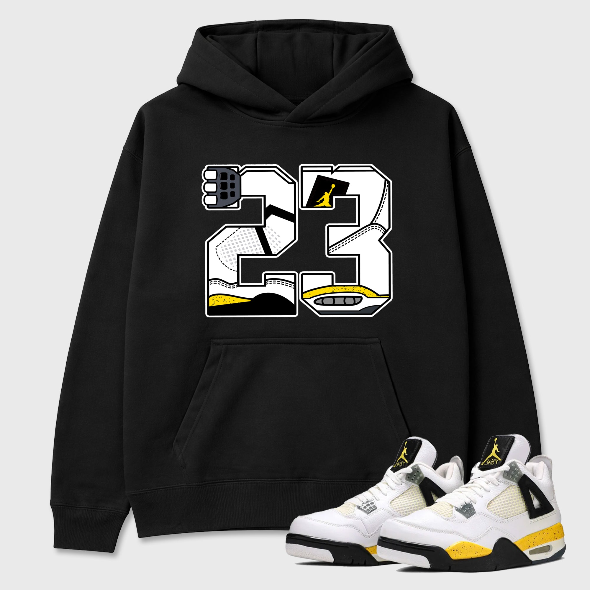 23 Graphic T-Shirt featuring original streetwear artwork designed to match the Air Jordan 4 Tour Yellow. Black 1 Graphic Tee.