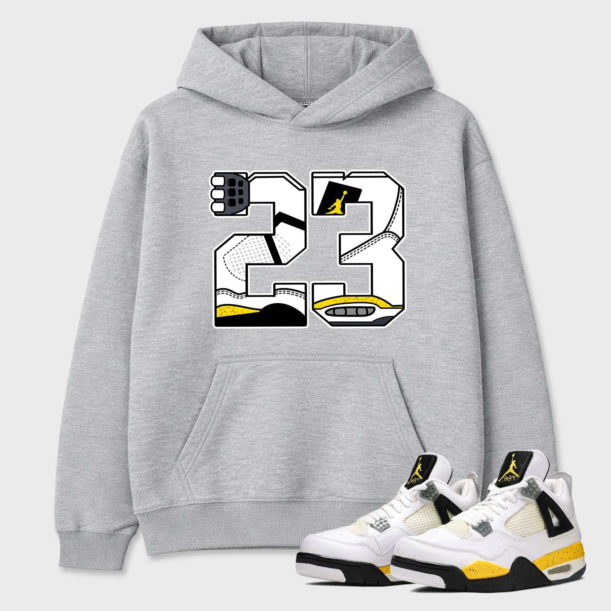 23 Graphic T-Shirt featuring original streetwear artwork designed to match the Air Jordan 4 Tour Yellow. Heather Grey 1 Graphic Tee.
