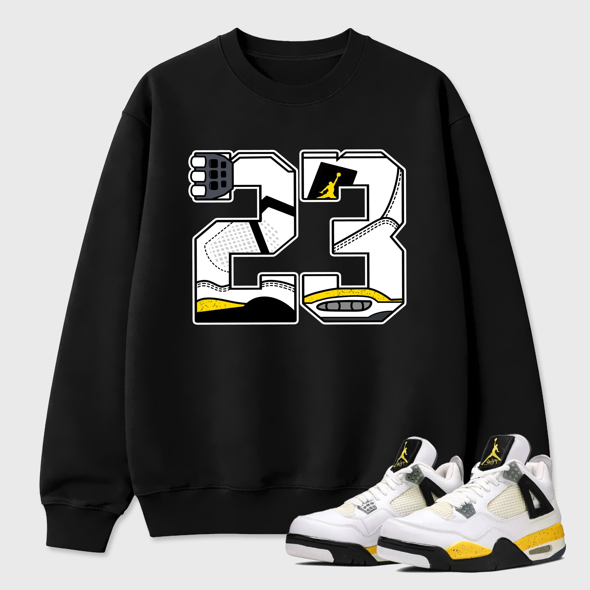 23 Graphic T-Shirt featuring original streetwear artwork designed to match the Air Jordan 4 Tour Yellow. Black 1 Graphic Tee.