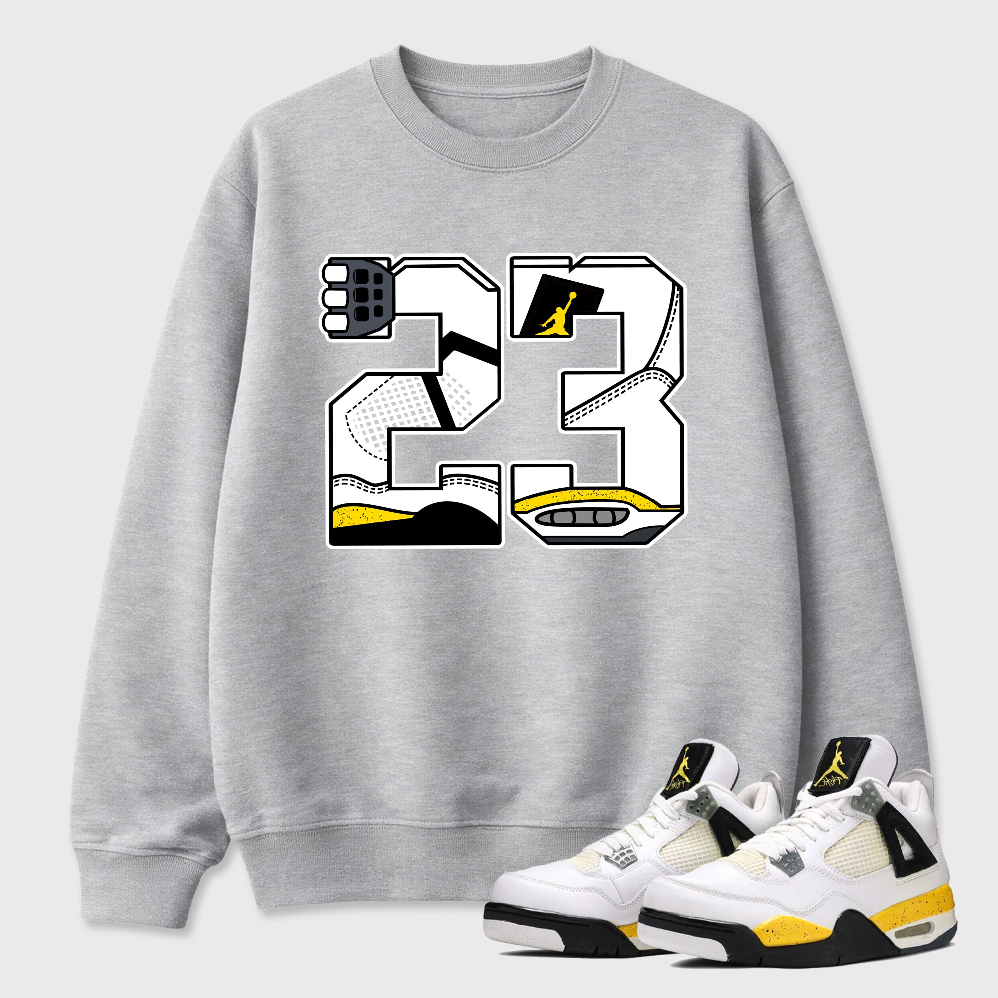23 Graphic T-Shirt featuring original streetwear artwork designed to match the Air Jordan 4 Tour Yellow. Heather Grey 1 Graphic Tee.