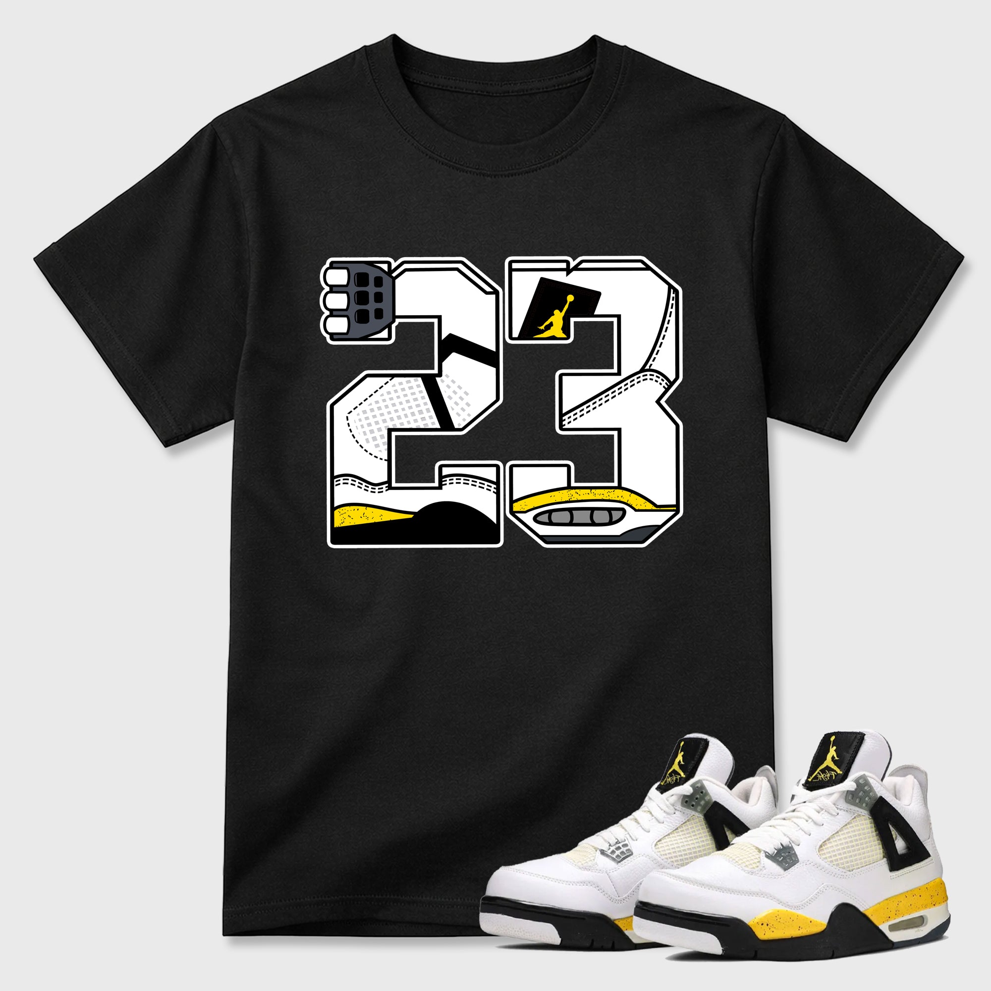 23 Graphic T-Shirt featuring original streetwear artwork designed to match the Air Jordan 4 Tour Yellow. Black 1 Graphic T-Shirt.