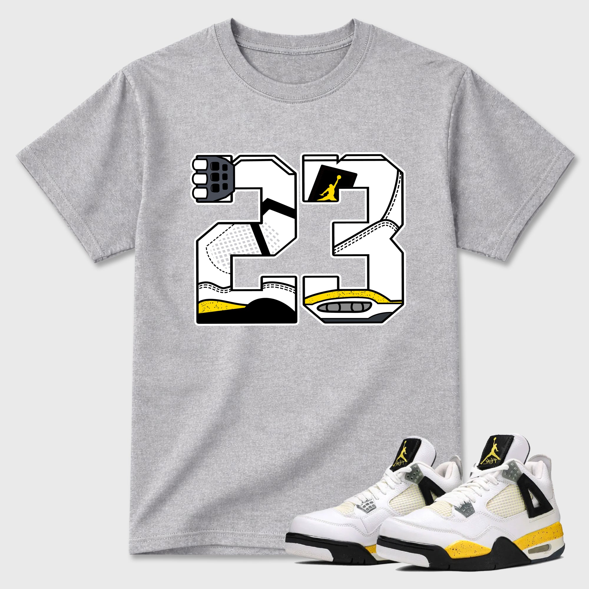 23 Graphic T-Shirt featuring original streetwear artwork designed to match the Air Jordan 4 Tour Yellow. Heather Grey 1 Graphic T-Shirt.