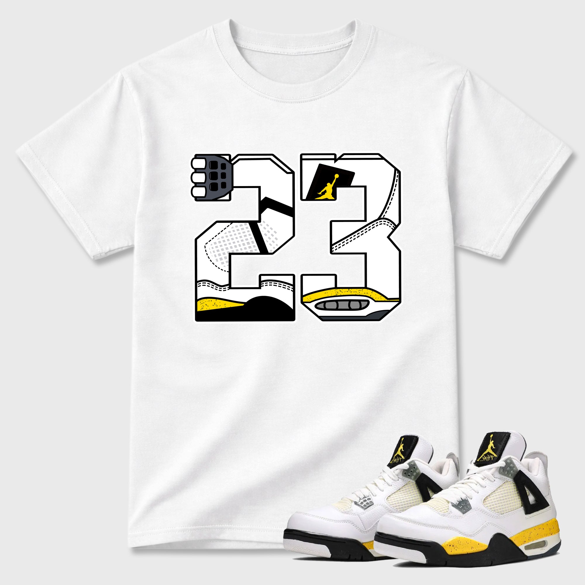 23 Graphic T-Shirt featuring original streetwear artwork designed to match the Air Jordan 4 Tour Yellow. White 1 Graphic T-Shirt.