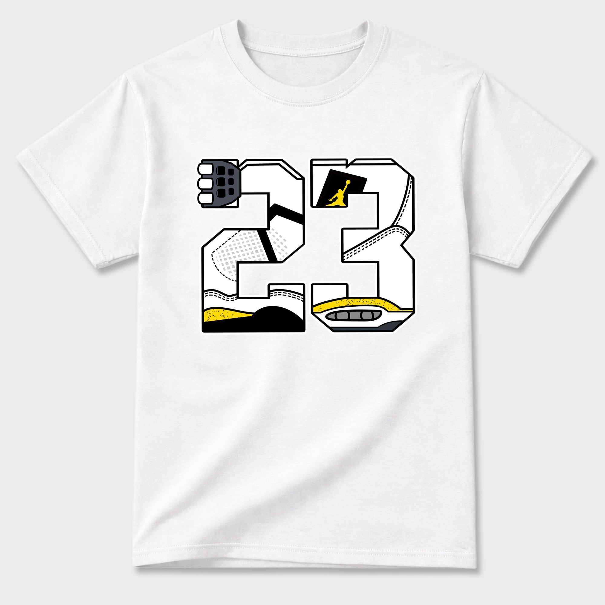 23 Graphic T-Shirt featuring original streetwear artwork designed to match the Air Jordan 4 Tour Yellow. White 2 Graphic T-Shirt.
