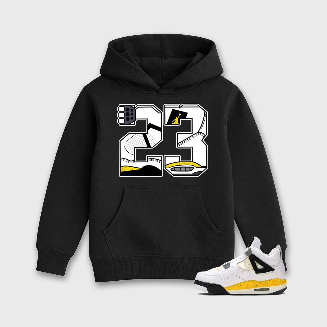 23 Baby & Kids Graphic Hoodie featuring original artwork designed to match the Air Jordan 4 Tour Yellow. Black 1 Kids Graphic Sweater.