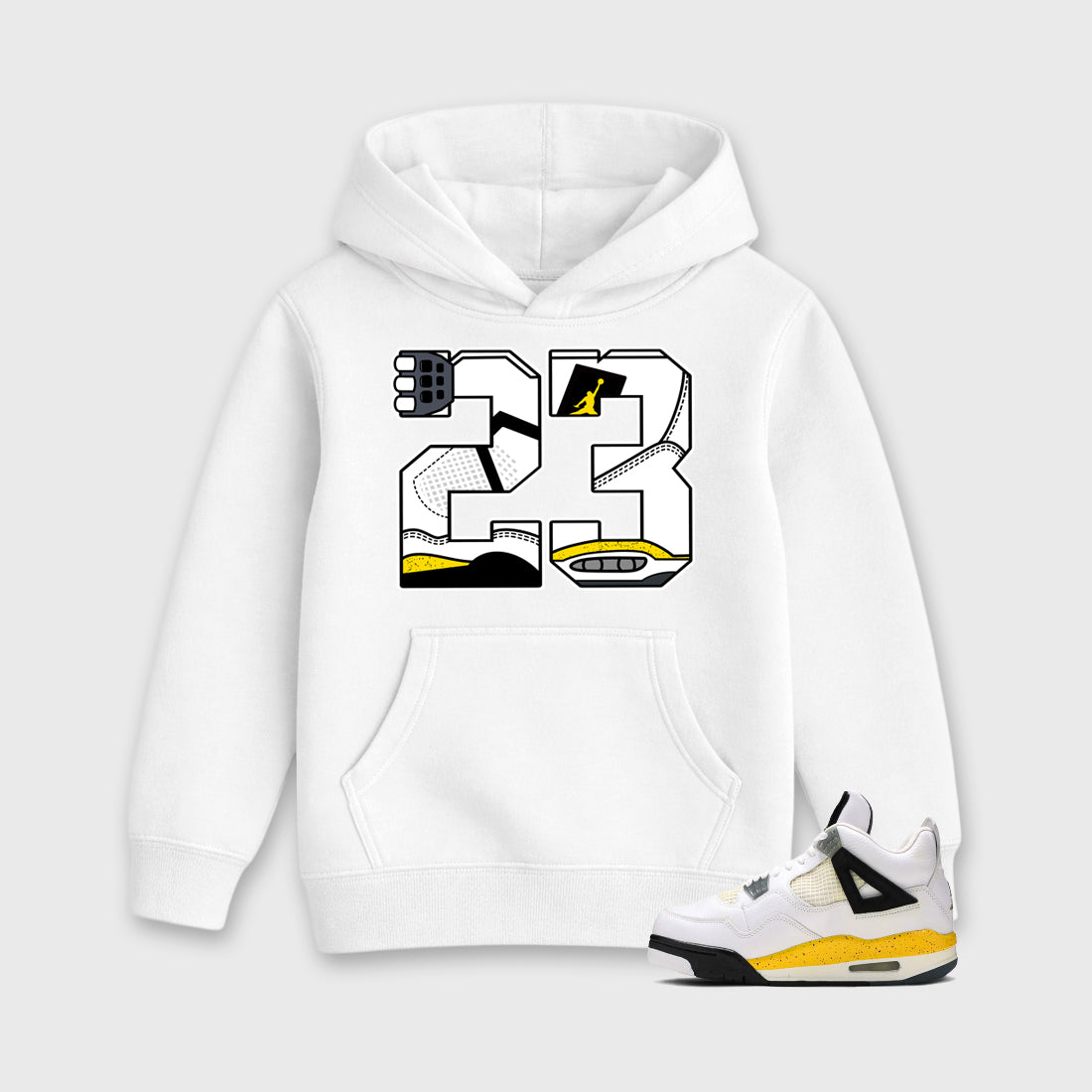 23 Baby & Kids Graphic Hoodie featuring original artwork designed to match the Air Jordan 4 Tour Yellow. White 1 Kids Graphic Sweater.