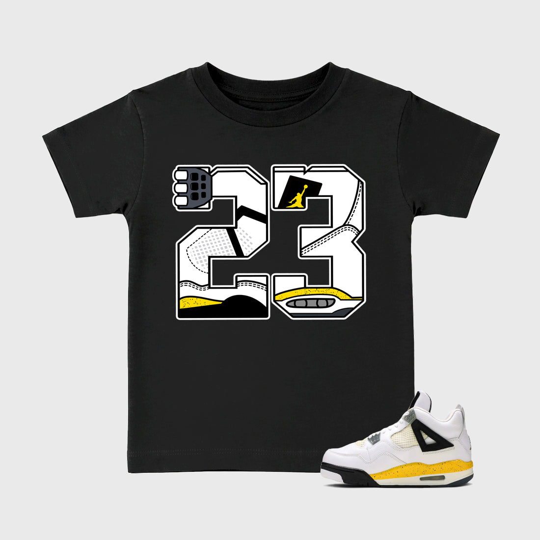 23 Baby & Kids Graphic T-Shirt featuring original artwork designed to match the Air Jordan 4 Tour Yellow. Black 1 Kids Graphic Tee.