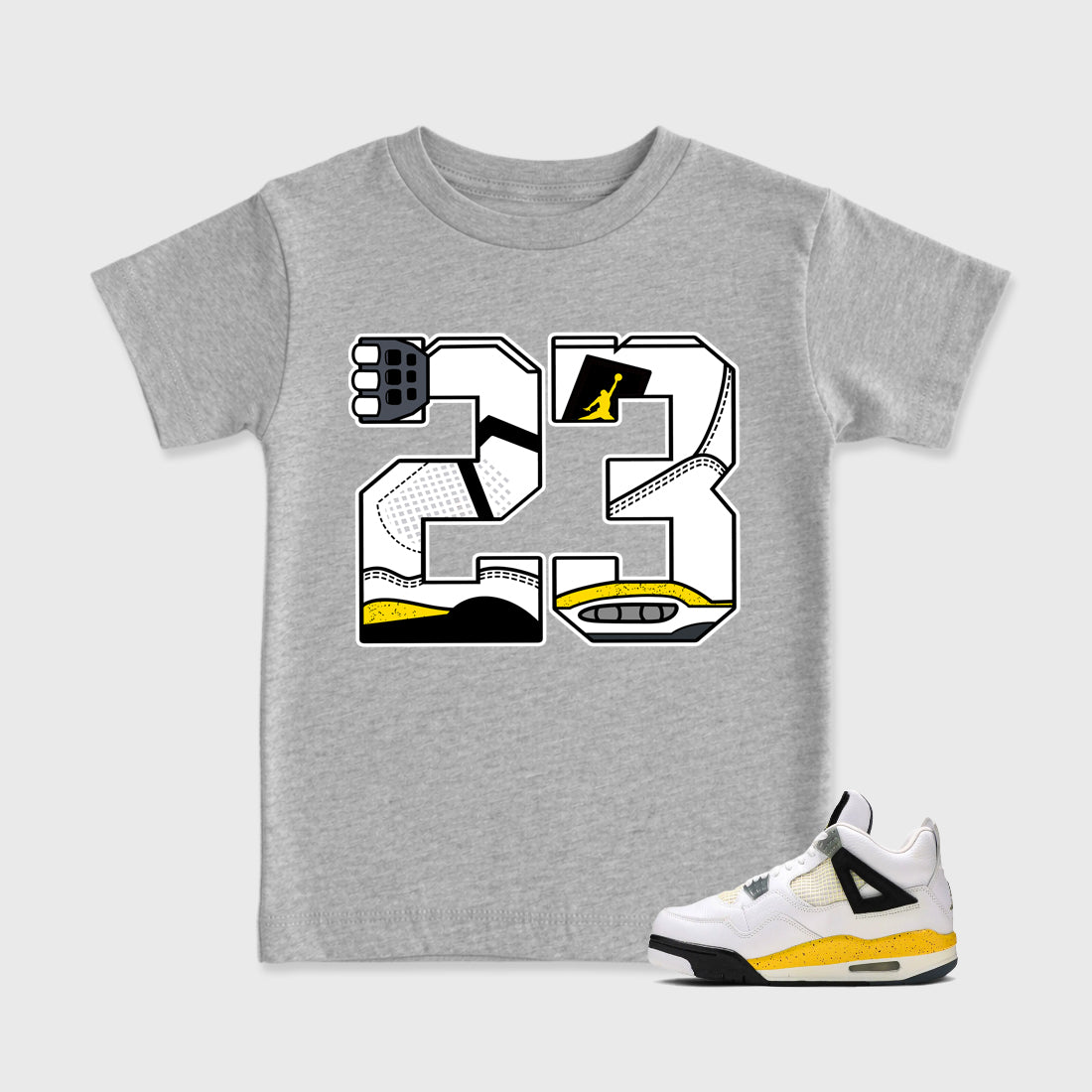 23 Baby & Kids Graphic T-Shirt featuring original artwork designed to match the Air Jordan 4 Tour Yellow. Heather Grey 1 Kids Graphic Tee.