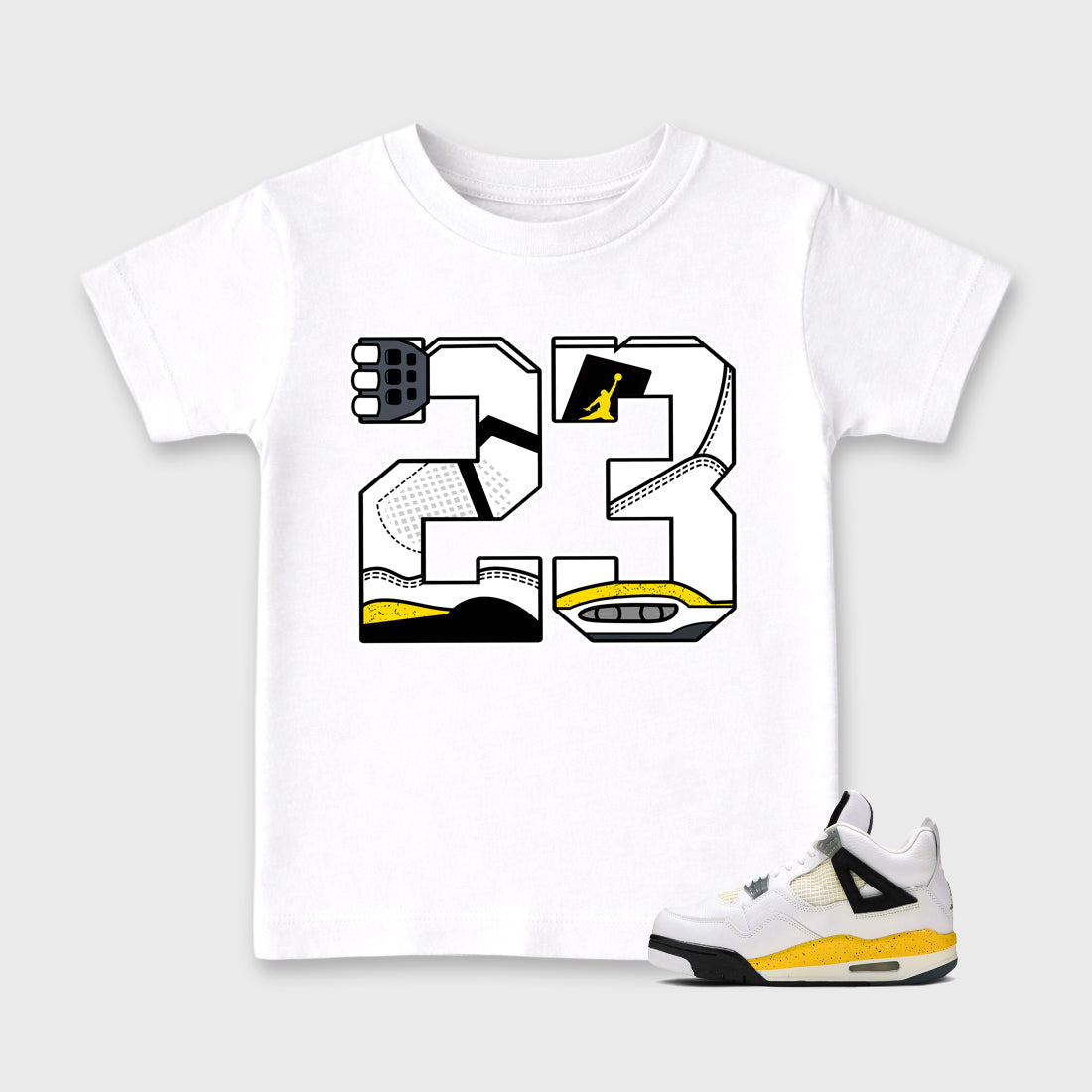 23 Baby & Kids Graphic T-Shirt featuring original artwork designed to match the Air Jordan 4 Tour Yellow. White 1 Kids Graphic Tee.