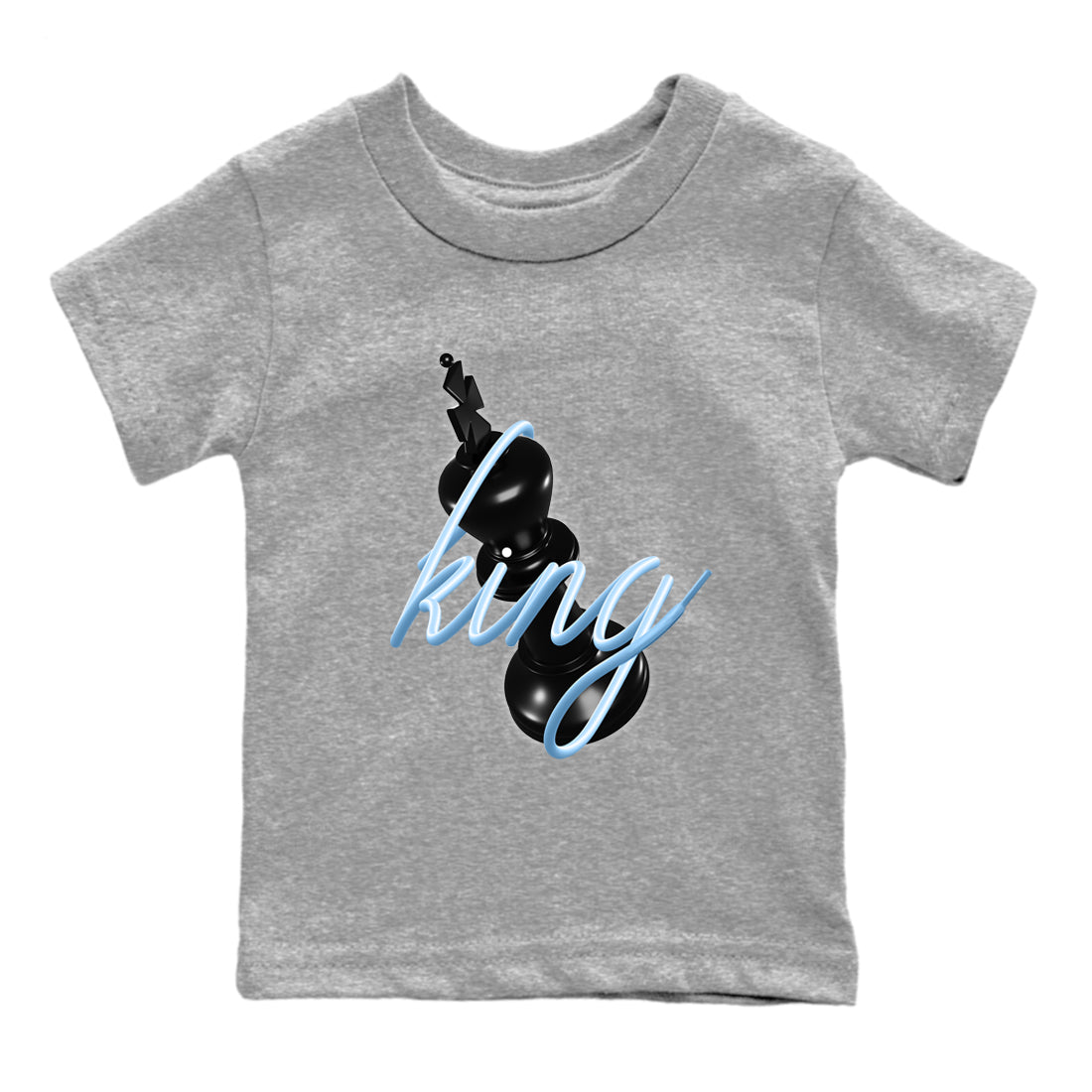 3D King baby and kids t-shirt crafted for little sneakerheads to shine with the Air Foamposite One Psychic Blue sneakers, displayed in Heather Grey 2.