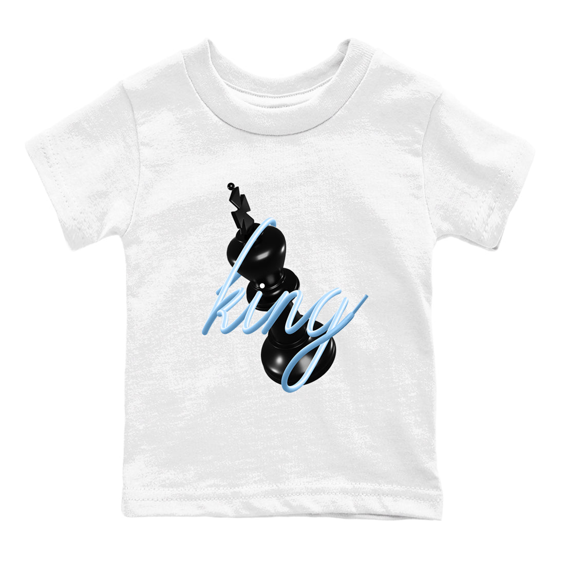 3D King baby and kids t-shirt crafted for little sneakerheads to shine with the Air Foamposite One Psychic Blue sneakers, displayed in White 2.