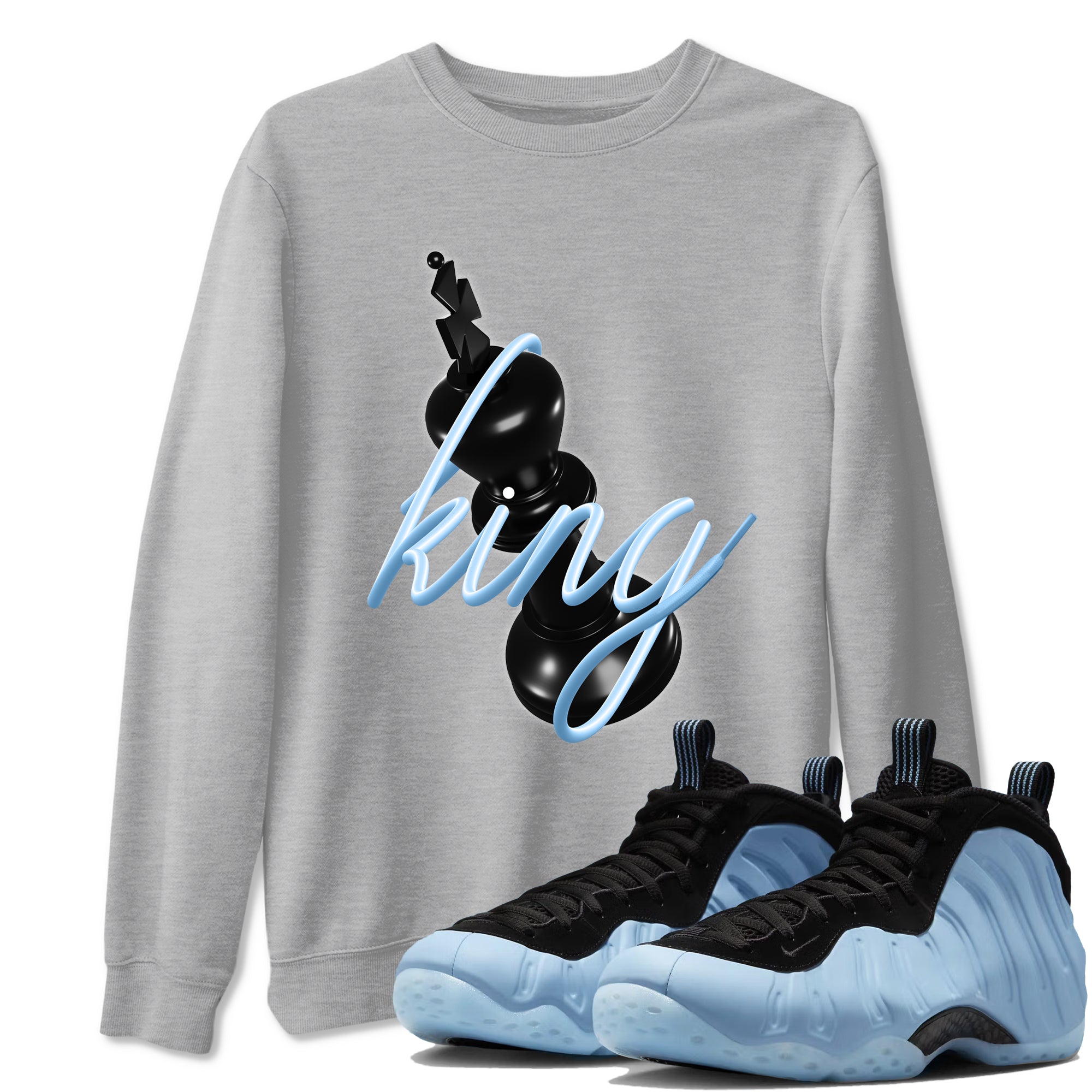 3D King sneaker match t-shirt styled to complete your fit with the Air Foamposite One Psychic Blue sneakers, shown in Heather Grey 1.