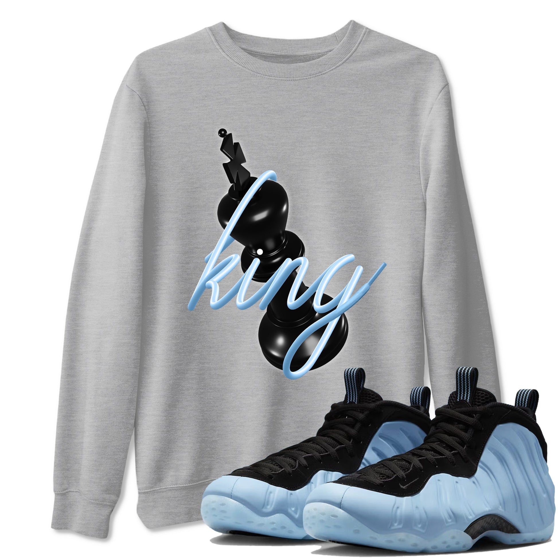 3D King sneaker match t-shirt styled to complete your fit with the Air Foamposite One Psychic Blue sneakers, shown in Heather Grey 1.