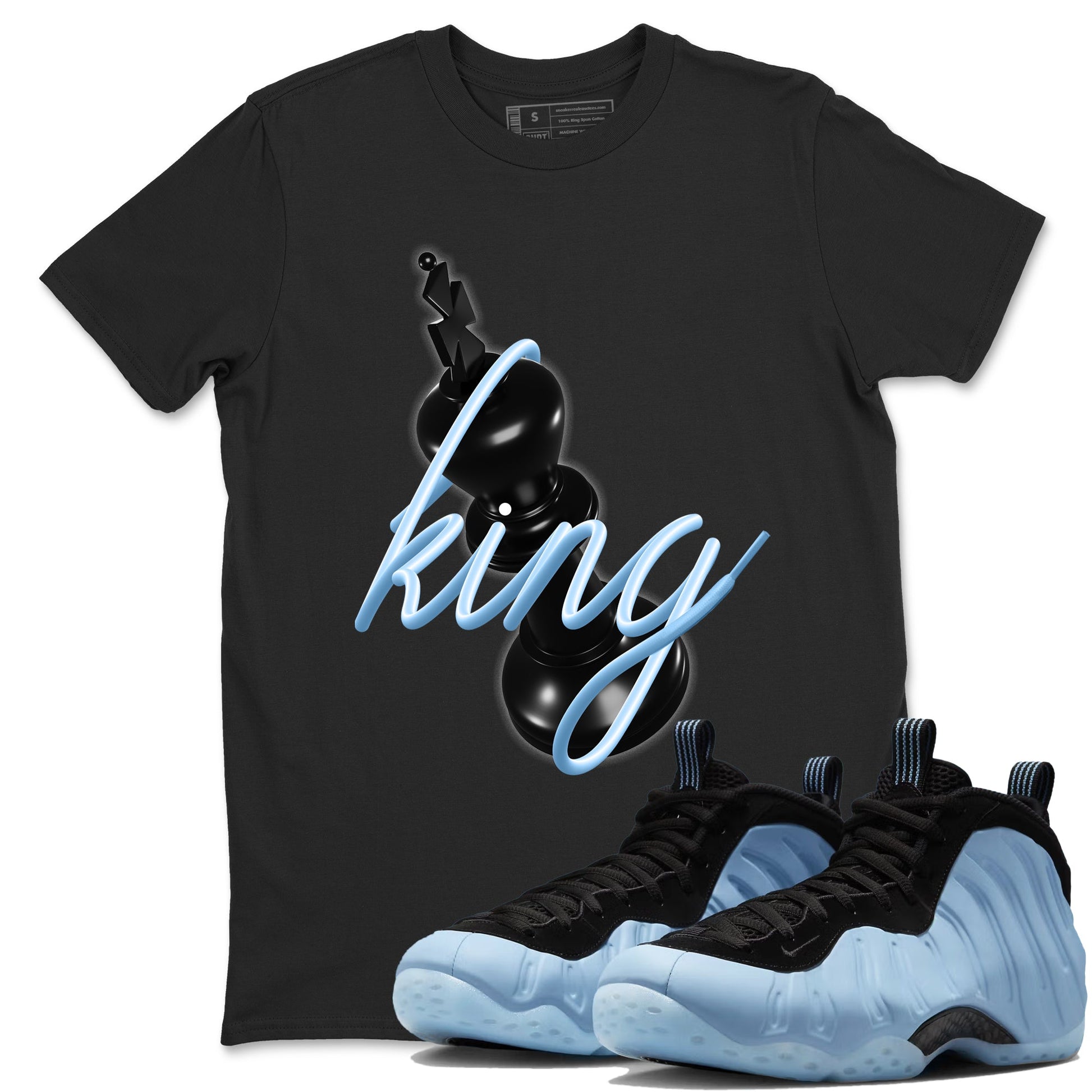 3D King sneaker match t-shirt styled to complete your fit with the Air Foamposite One Psychic Blue sneakers, shown in Black 1.