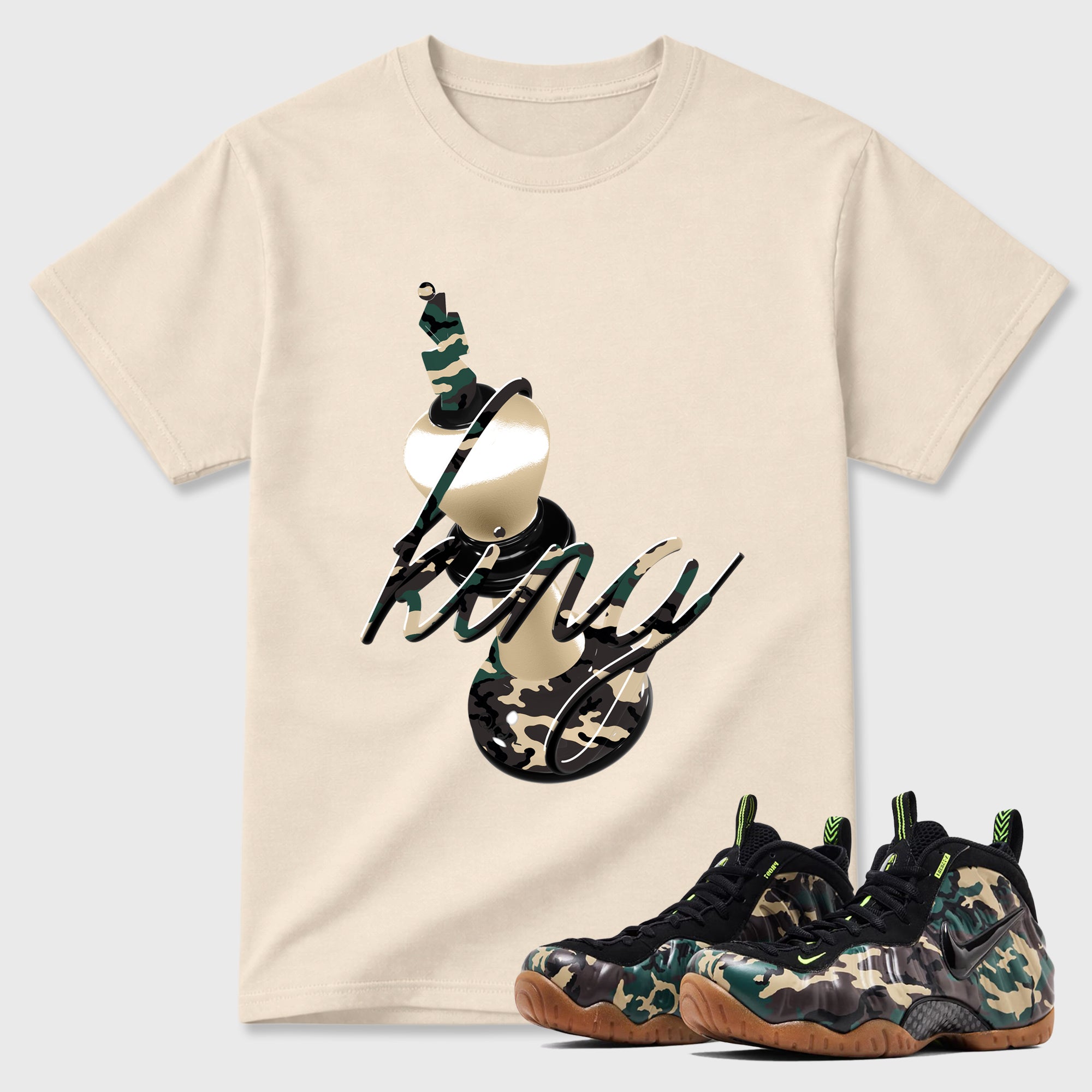 3D King Graphic T-Shirt featuring original streetwear artwork designed to match the Air Foamposite Pro Green Camo. Natural 1 Graphic T-Shirt.