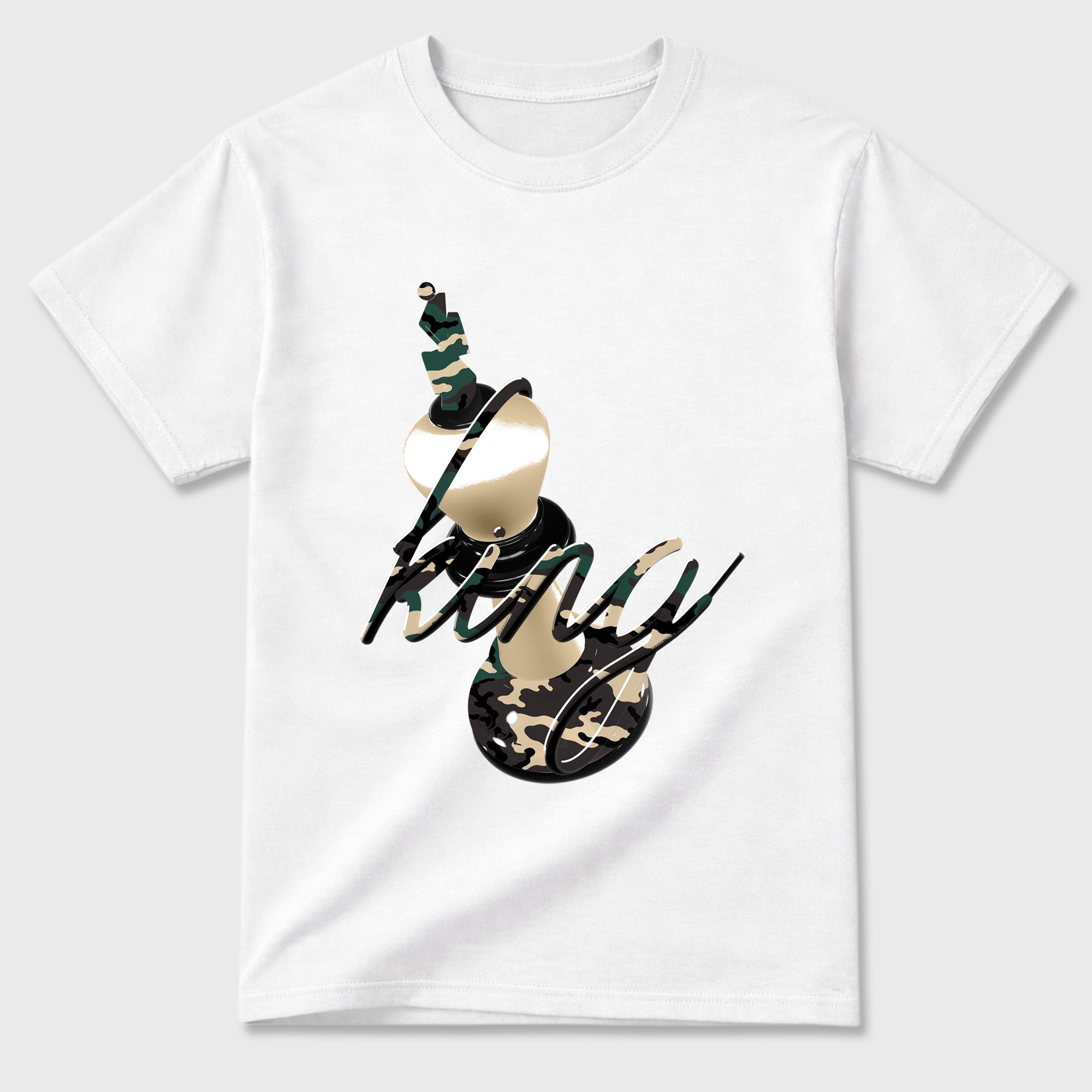 3D King Graphic T-Shirt featuring original streetwear artwork designed to match the Air Foamposite Pro Green Camo. White 2 Graphic T-Shirt.