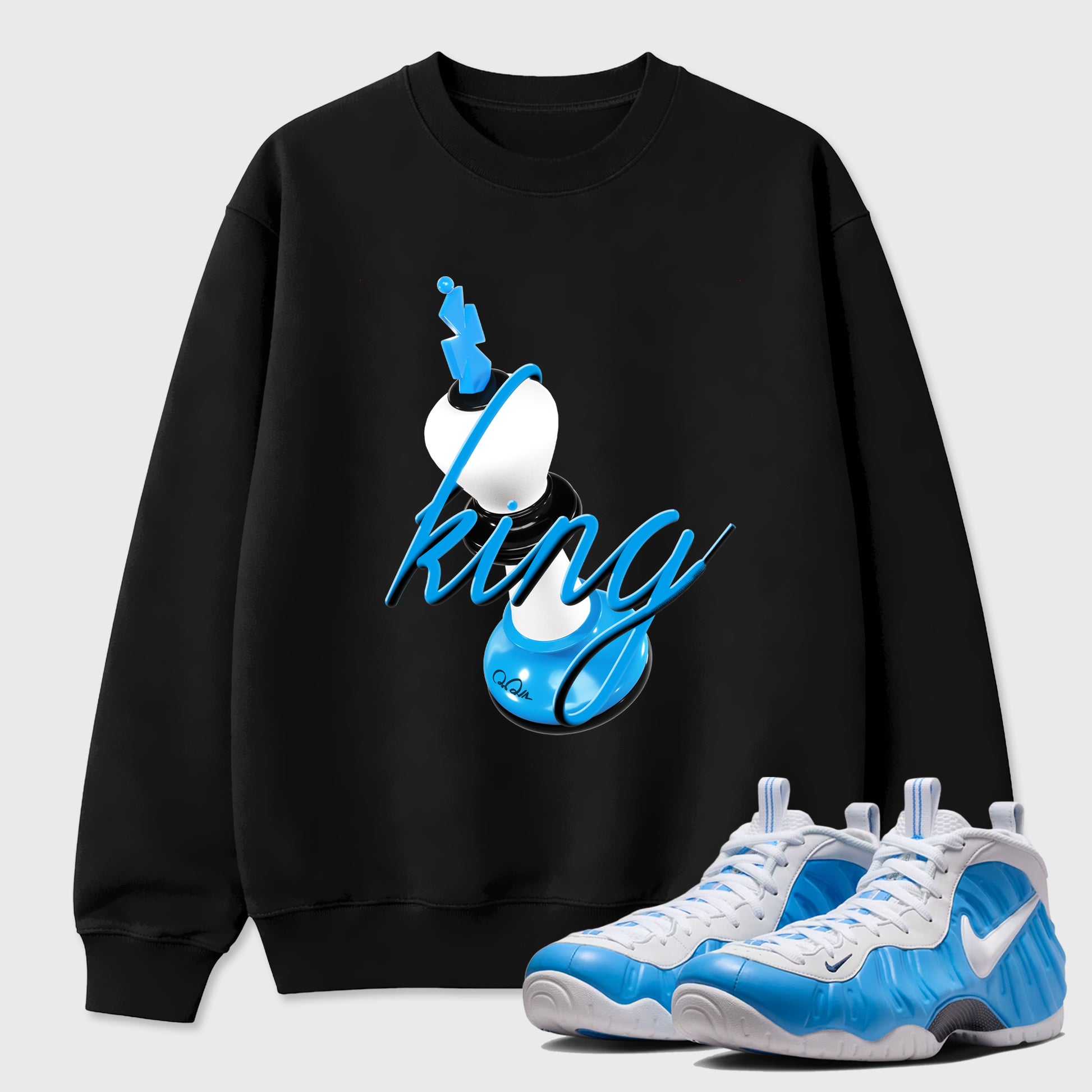 Best Sneakerfit Graphic Tee. Graphic Outfits. Sneaker Tees To Match Air Foamposite Pro University Blue Sneakers – 3D King Tee Black 1