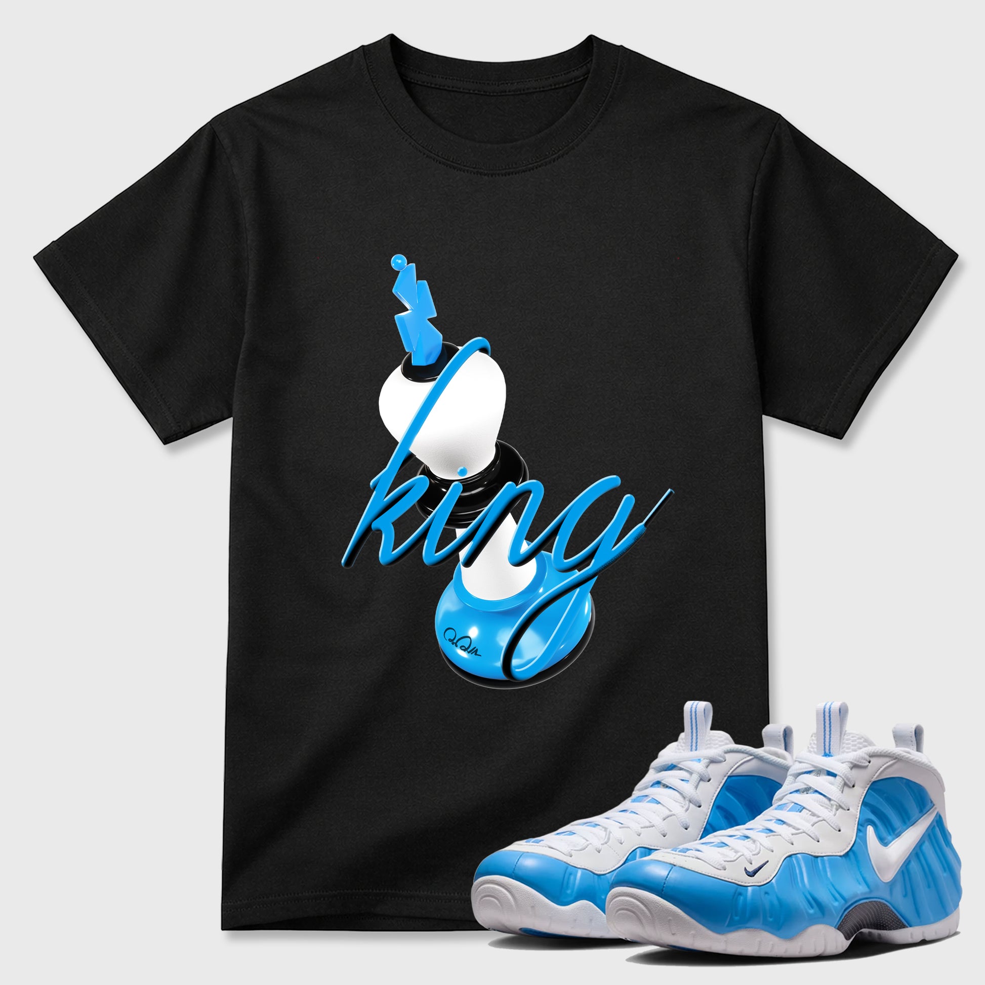 Best Sneakerfit Graphic Tee. Graphic Outfits. Sneaker Tees To Match Air Foamposite Pro University Blue Sneakers – 3D King Tee Black 1