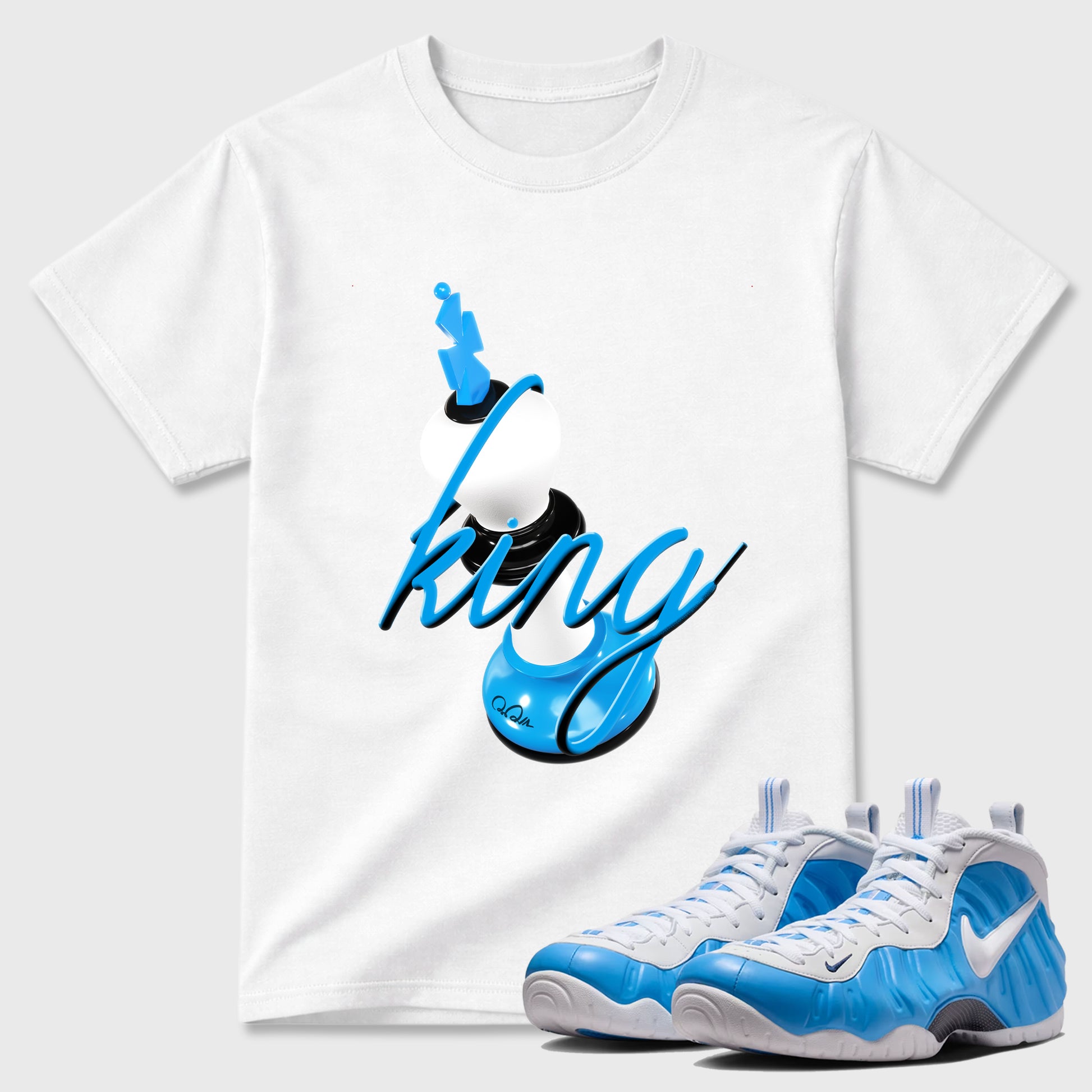 Best Sneakerfit Graphic Tee. Graphic Outfits. Sneaker Tees To Match Air Foamposite Pro University Blue Sneakers – 3D King Tee White 1