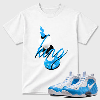 Best Sneakerfit Graphic Tee. Graphic Outfits. Sneaker Tees To Match Air Foamposite Pro University Blue Sneakers – 3D King Tee White 1