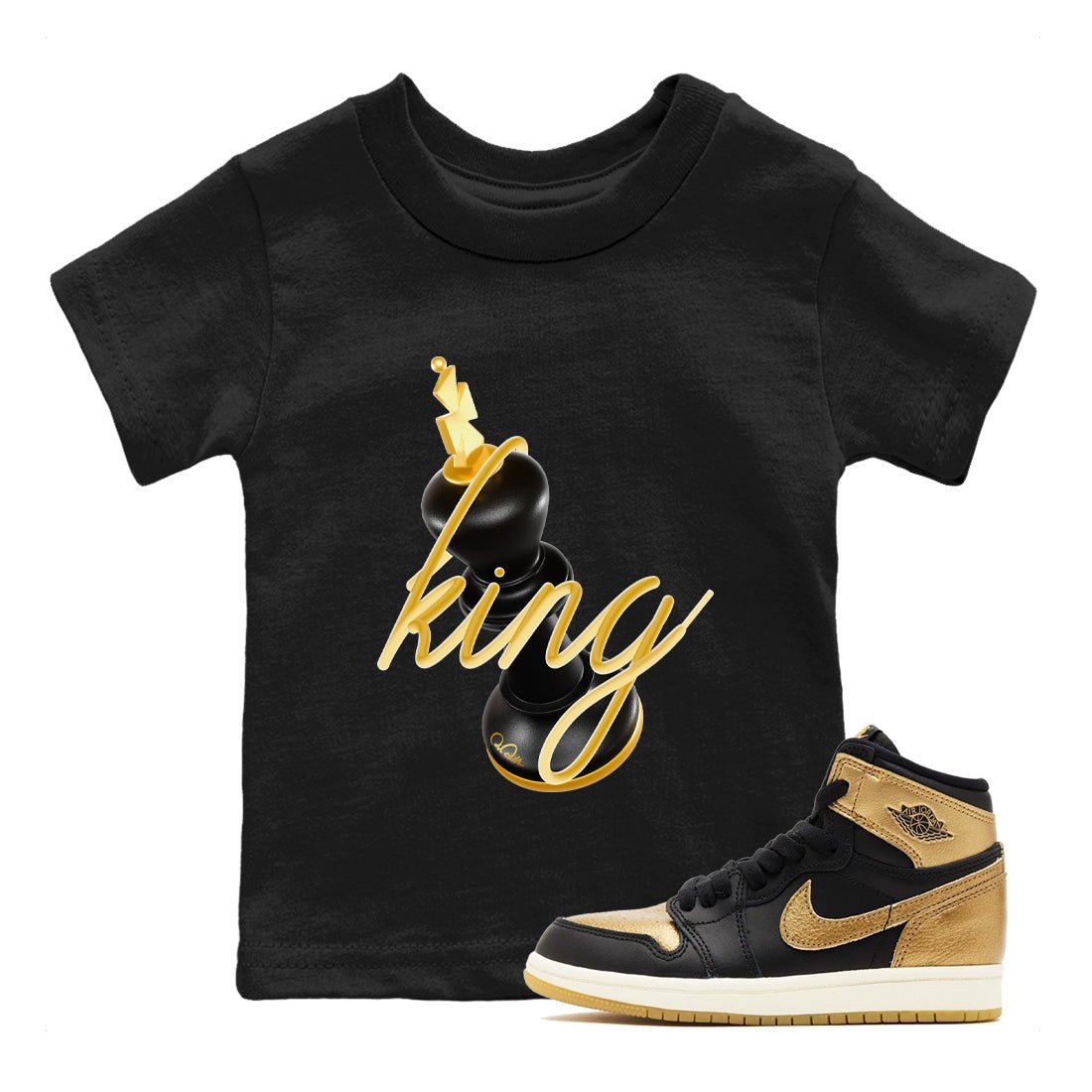 1s Black Metallic Gold shirts to match jordans 3D King sneaker match tees Air Jordan 1 Black Metallic Gold SNRT Sneaker Tees streetwear brand Baby and Youth Black 1 cotton tee