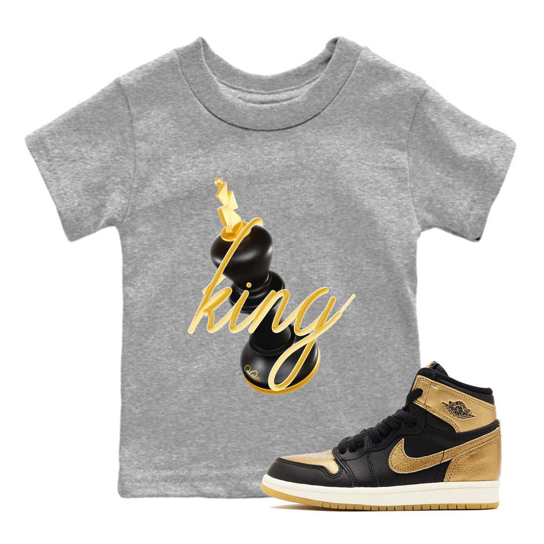 1s Black Metallic Gold shirts to match jordans 3D King sneaker match tees Air Jordan 1 Black Metallic Gold SNRT Sneaker Tees streetwear brand Baby and Youth Heather Grey 1 cotton tee