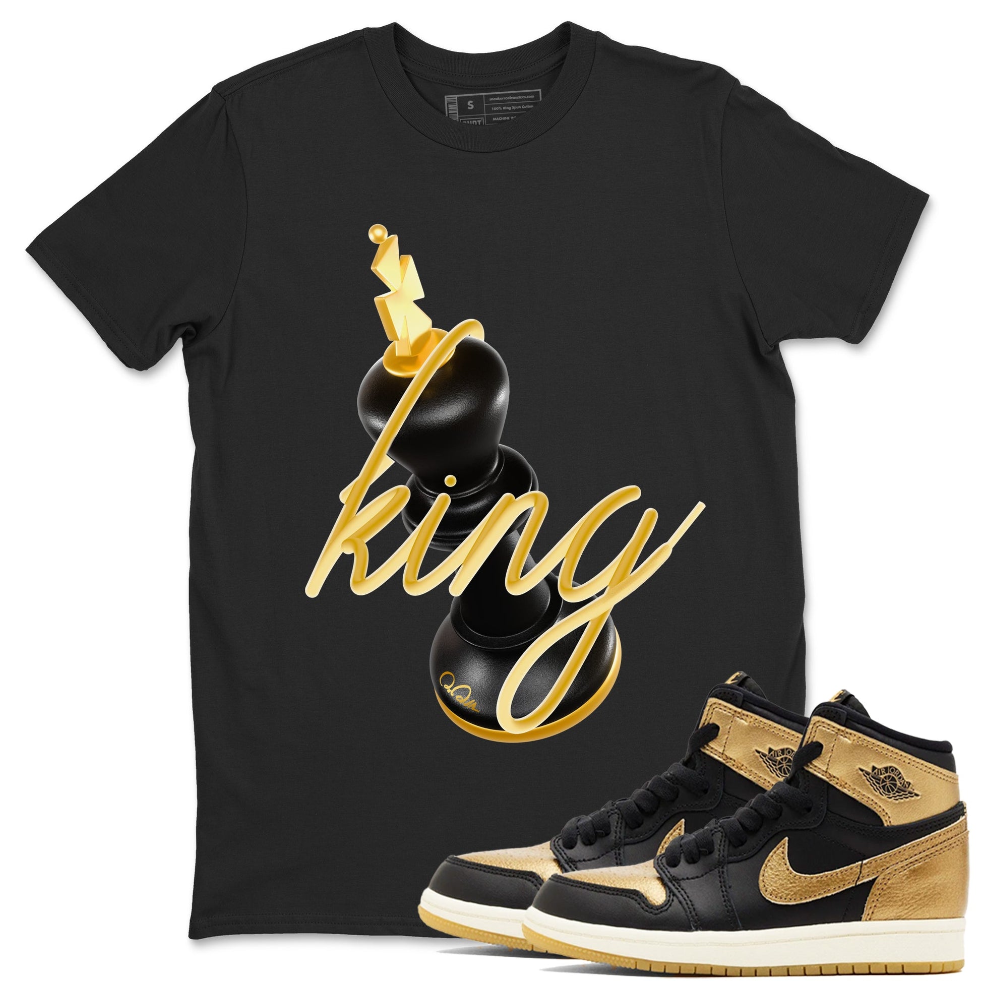 1s Black Metallic Gold shirts to match jordans 3D King sneaker match tees Air Jordan 1 Black Metallic Gold SNRT Sneaker Tees streetwear brand Black 1 unisex cotton tee