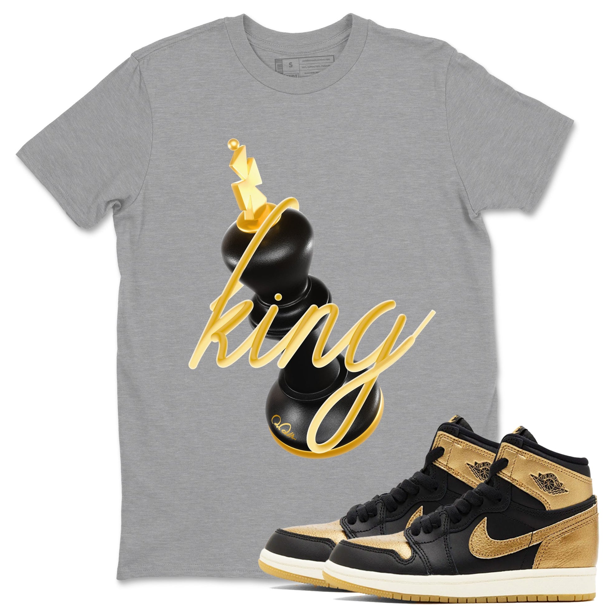 1s Black Metallic Gold shirts to match jordans 3D King sneaker match tees Air Jordan 1 Black Metallic Gold SNRT Sneaker Tees streetwear brand Heather Grey 1 unisex cotton tee