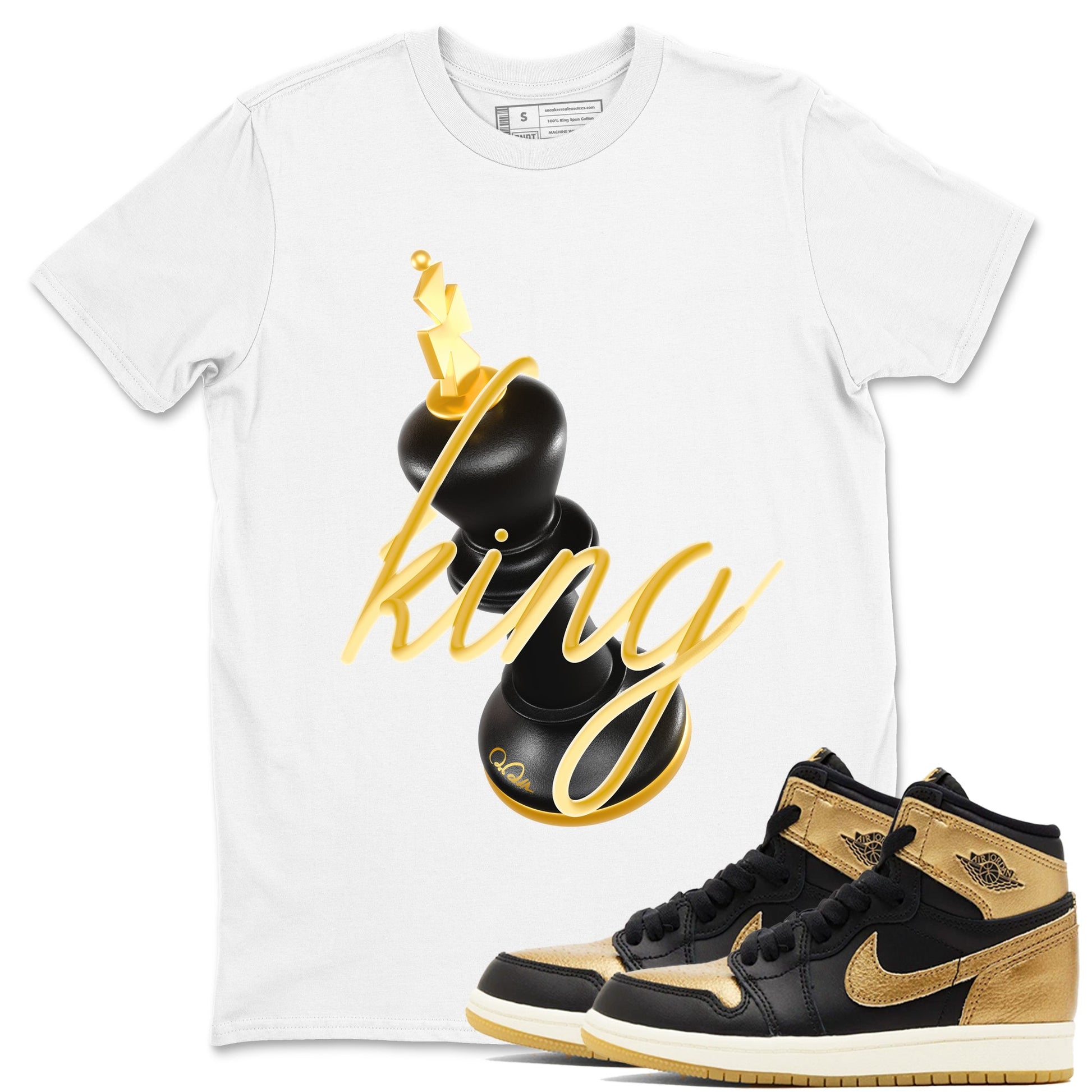 1s Black Metallic Gold shirts to match jordans 3D King sneaker match tees Air Jordan 1 Black Metallic Gold SNRT Sneaker Tees streetwear brand White 1 unisex cotton tee