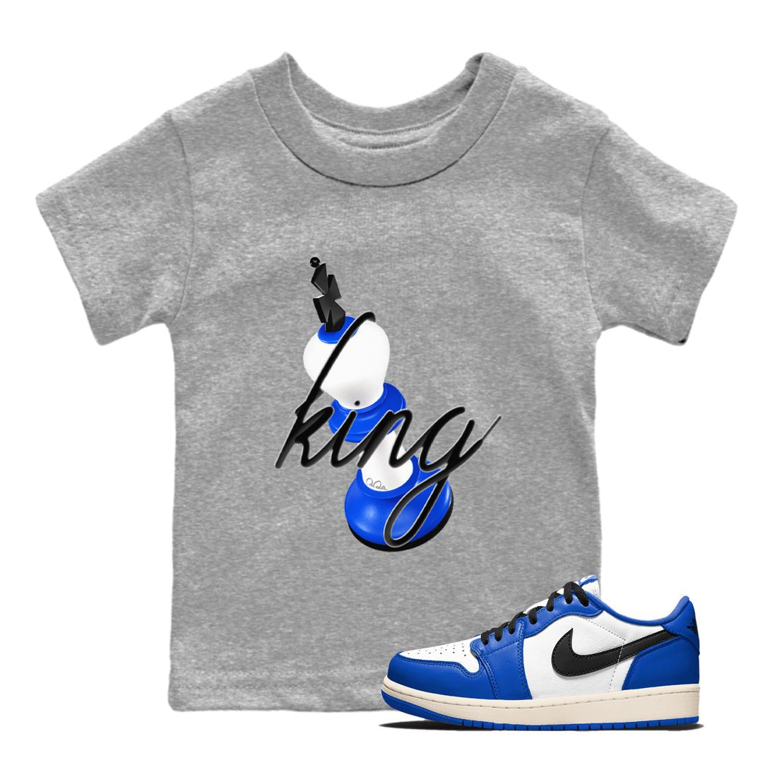 AJ1 Game Royal shirt to match jordans 3D King sneaker tees Air Jordan 1 Game Royal SNRT sneaker release tees baby toddler Heather Grey 1 cotton Shirt
