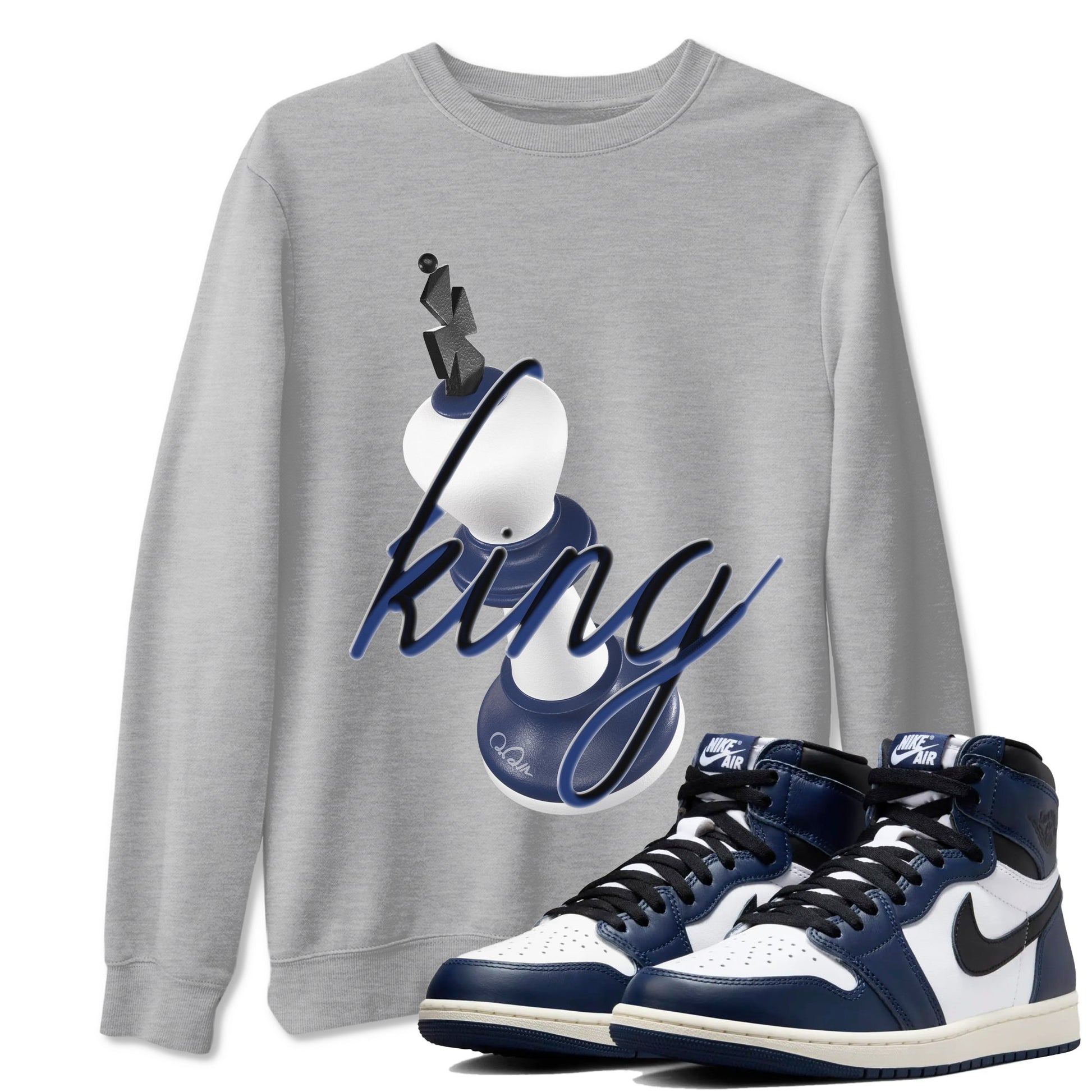 1s Midnight Navy shirts to match jordans 3D King sneaker match tees Air Jordan 1 Midnight Navy match shoes to clothes SNRT Sneaker Tees unisex cotton Heather Grey 1 shirts