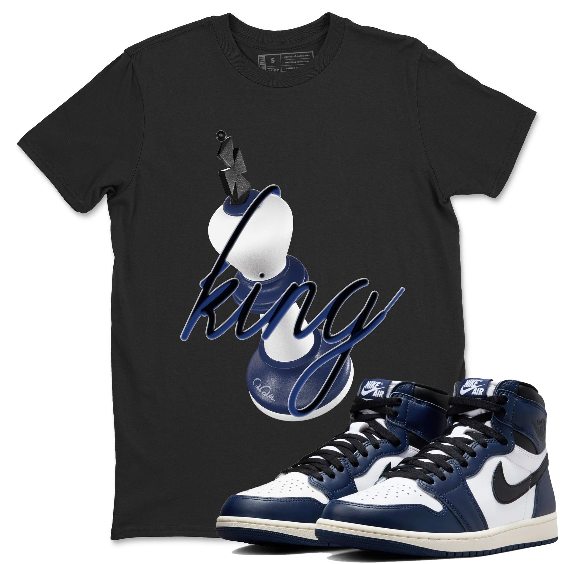 1s Midnight Navy shirts to match jordans 3D King sneaker match tees Air Jordan 1 Midnight Navy match shoes to clothes SNRT Sneaker Tees unisex cotton Black 1 shirts