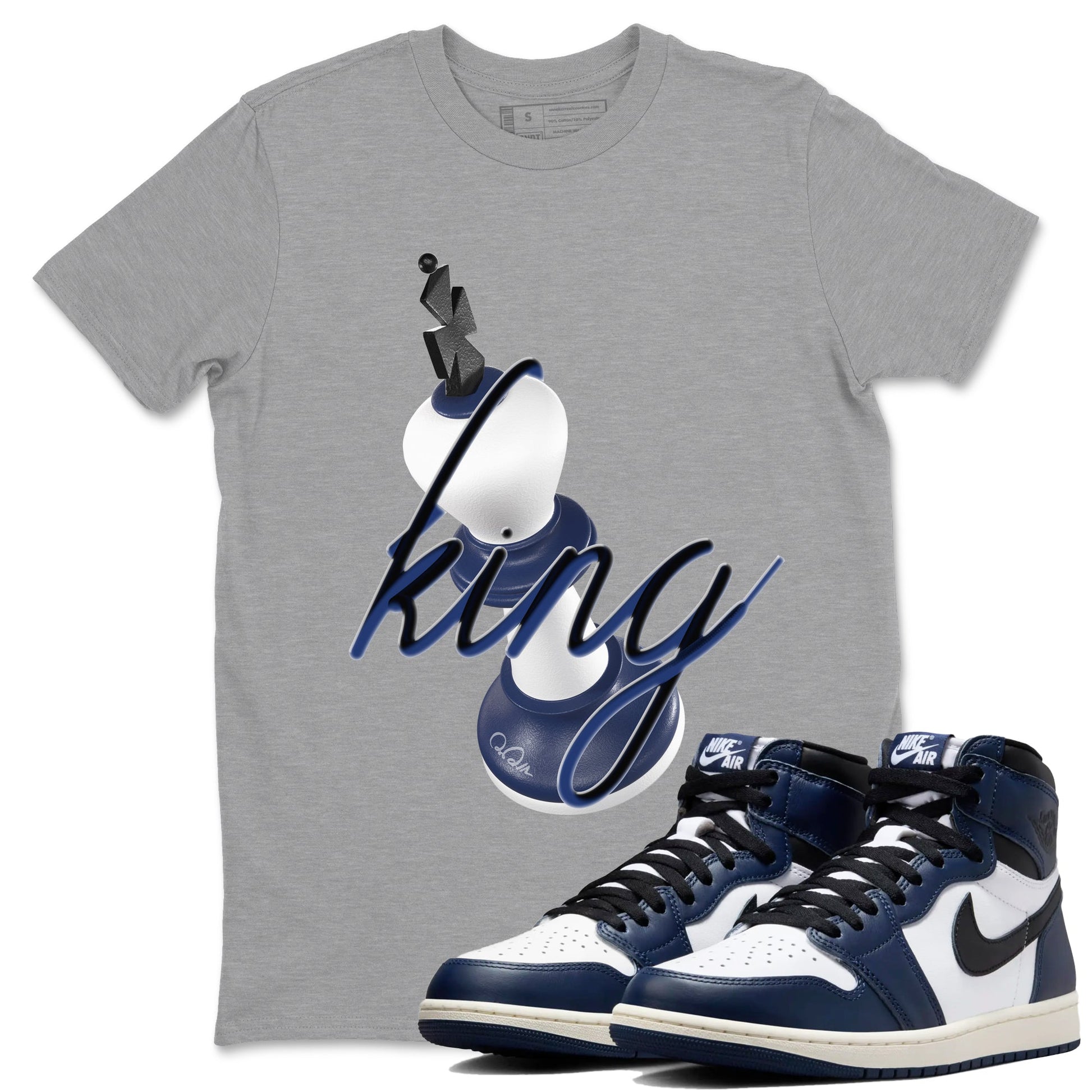1s Midnight Navy shirts to match jordans 3D King sneaker match tees Air Jordan 1 Midnight Navy match shoes to clothes SNRT Sneaker Tees unisex cotton Heather Grey 1 shirts