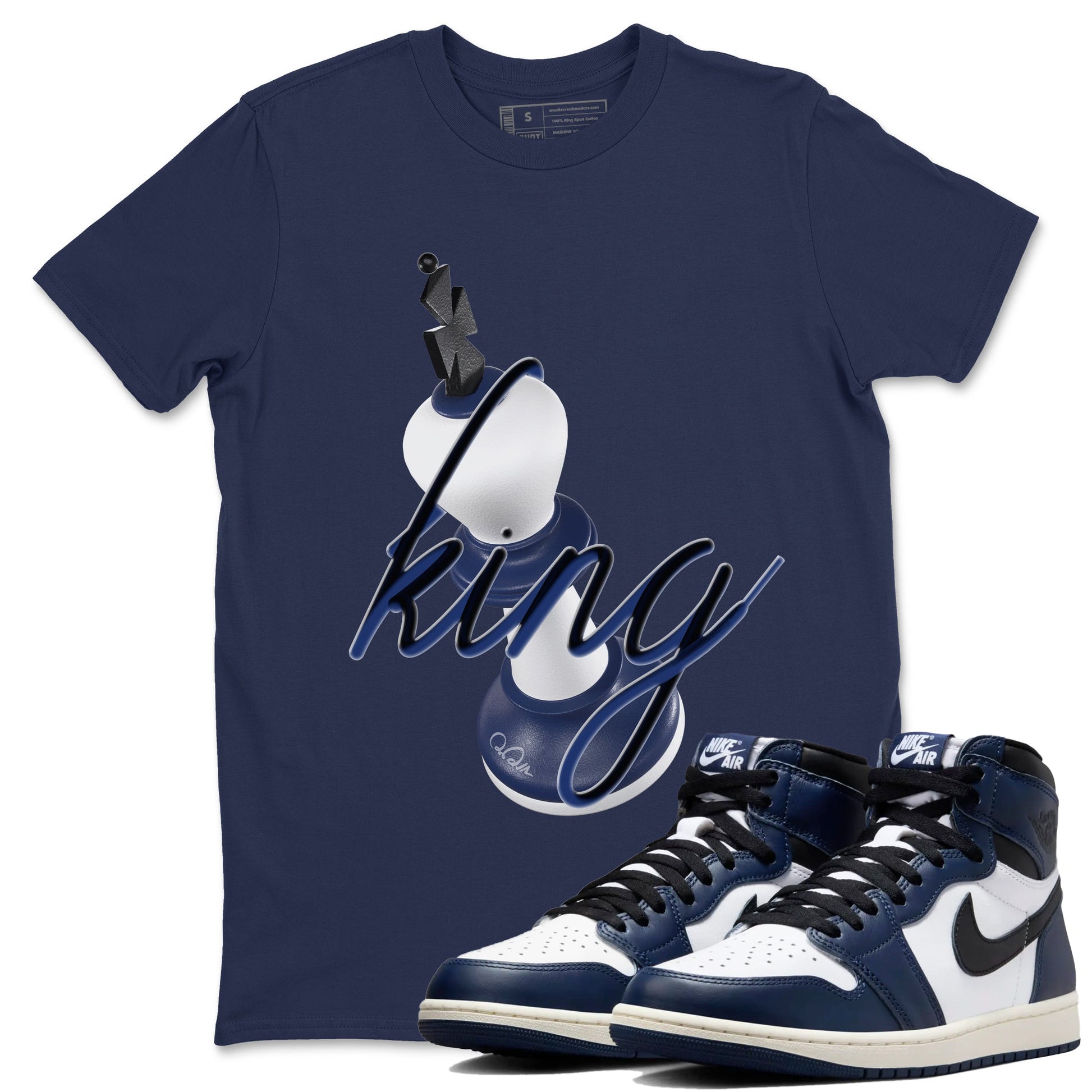 1s Midnight Navy shirts to match jordans 3D King sneaker match tees Air Jordan 1 Midnight Navy match shoes to clothes SNRT Sneaker Tees unisex cotton Navy 1 shirts