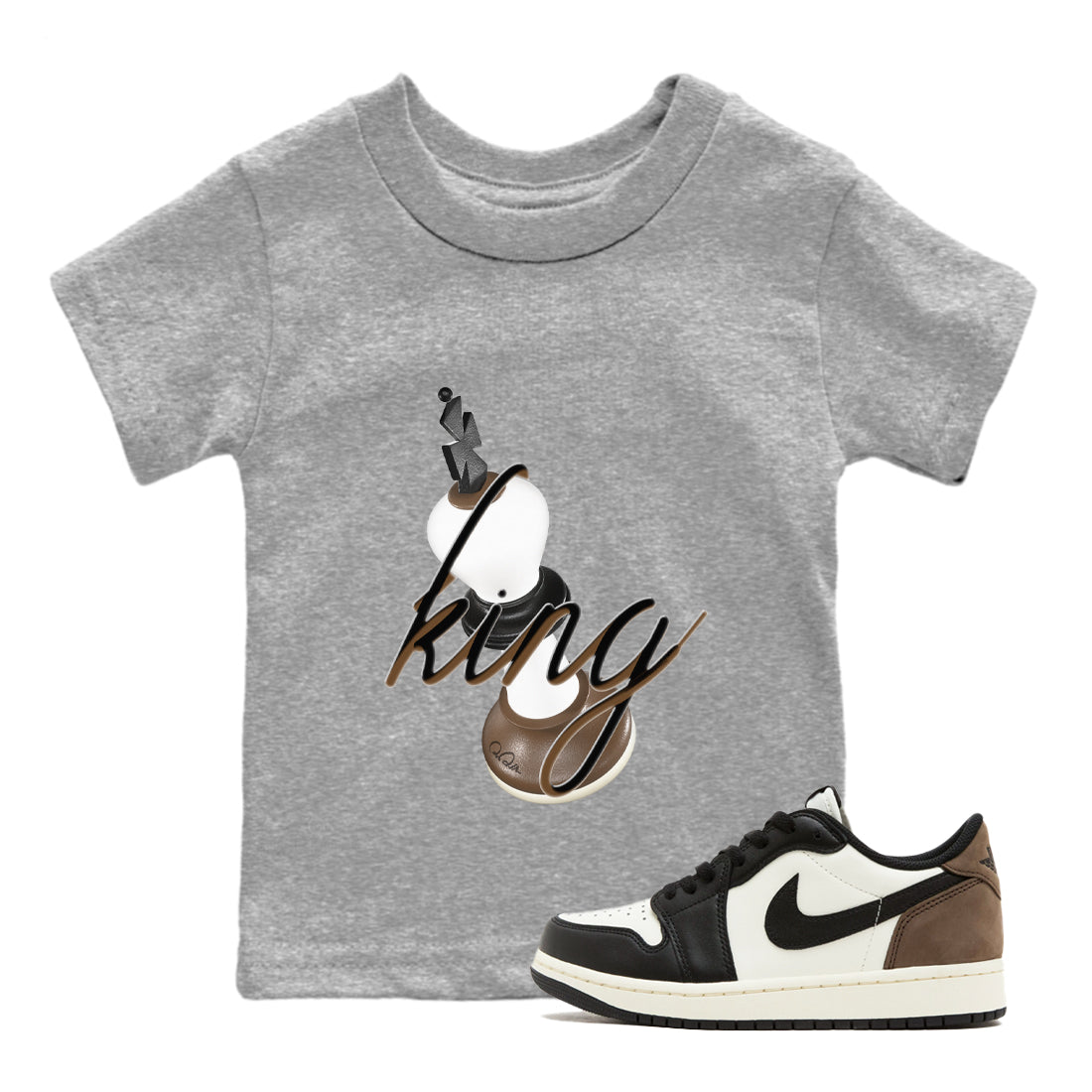 1s Low OG Mocha shirts to match jordans 3D King sneaker match tees Air Jordan 1 Mocha match shoes to clothes SNRT Sneaker Tees Youth Baby Heather Grey 1 tee