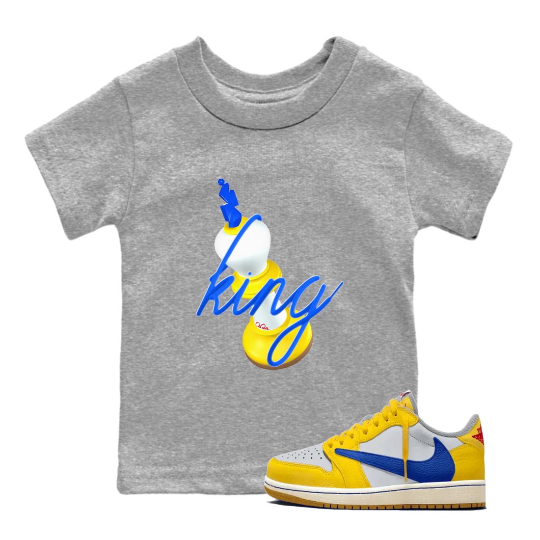 1s Travis Scott Canary shirt to match jordans 3D King sneaker tees Air Jordan 1 Travis Scott Canary SNRT sneaker release tees baby toddler Heather Grey 1 cotton Shirt