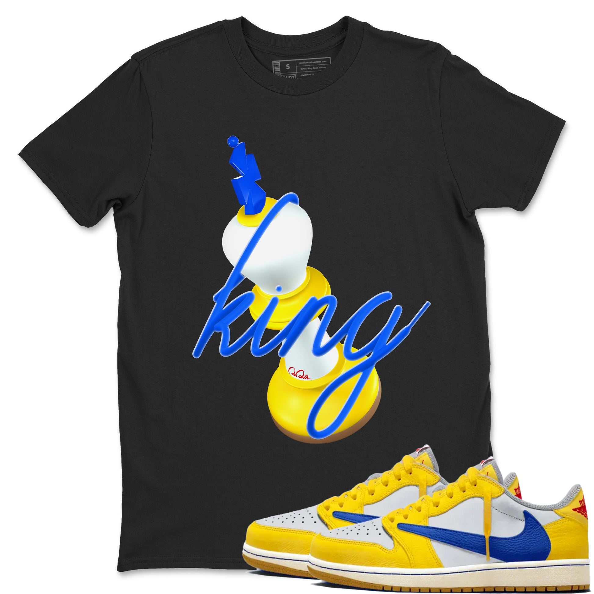 1s Travis Scott Canary shirt to match jordans 3D King sneaker tees Air Jordan 1 Travis Scott Canary SNRT Sneaker Release Tees unisex cotton Black 1 crew neck shirt