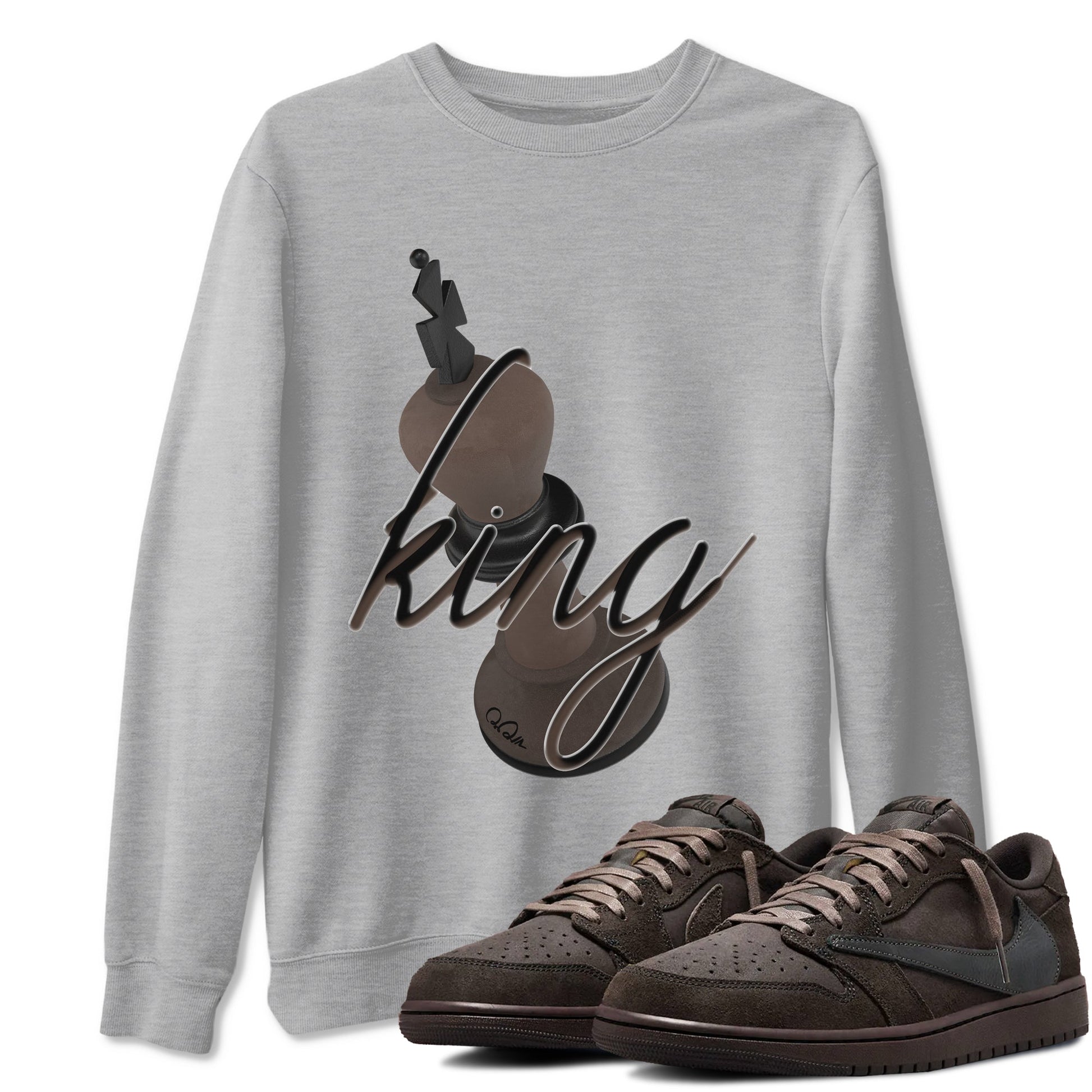 Air Jordan 1 Travis Scott Velvet Brown shirts to match jordans 3D King sneaker match tees Travis Scott x Air Jordan 1 Low OG Velvet Brown best t shirts to wear with jordans SNRT Sneaker Tees unisex cotton Heather Grey 1 shirts