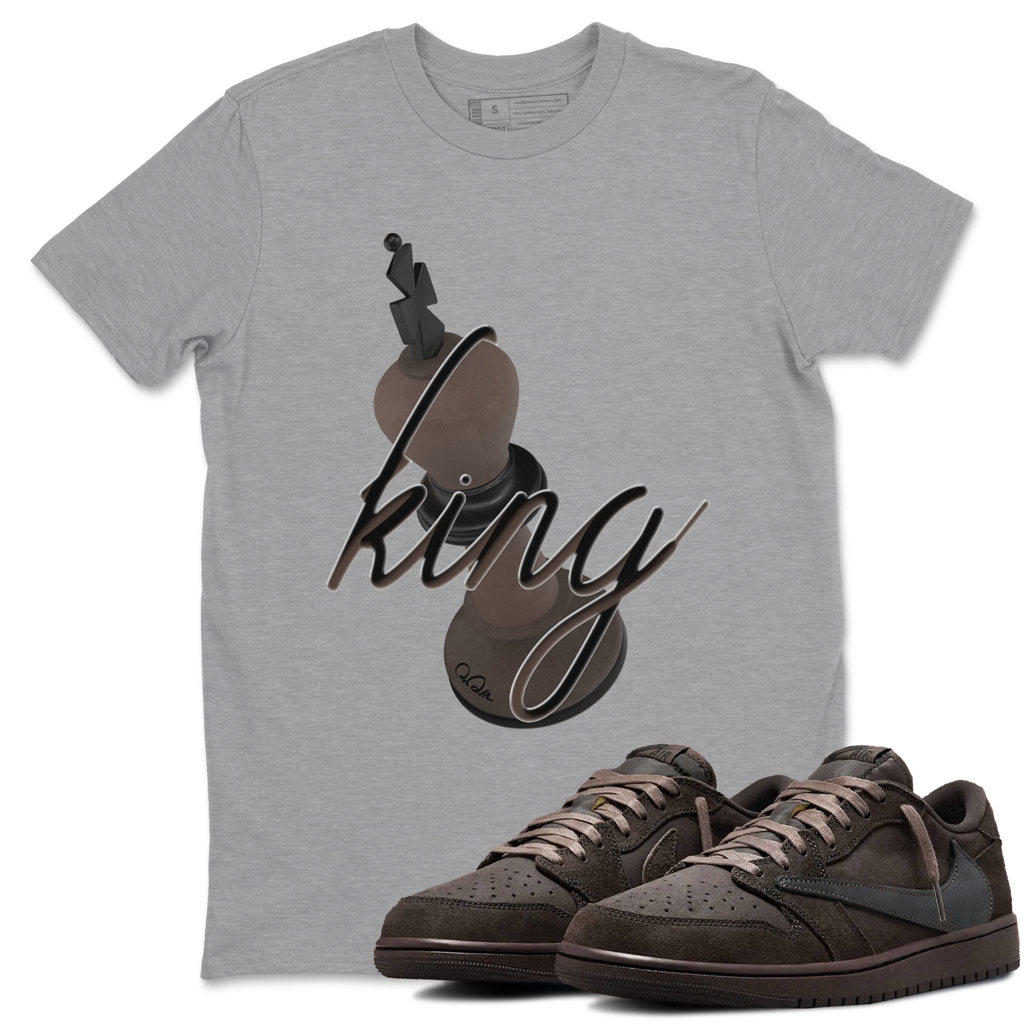 Air Jordan 1 Travis Scott Velvet Brown shirts to match jordans 3D King sneaker match tees Travis Scott x Air Jordan 1 Low OG Velvet Brown best t shirts to wear with jordans SNRT Sneaker Tees unisex cotton Heather Grey 1 shirts