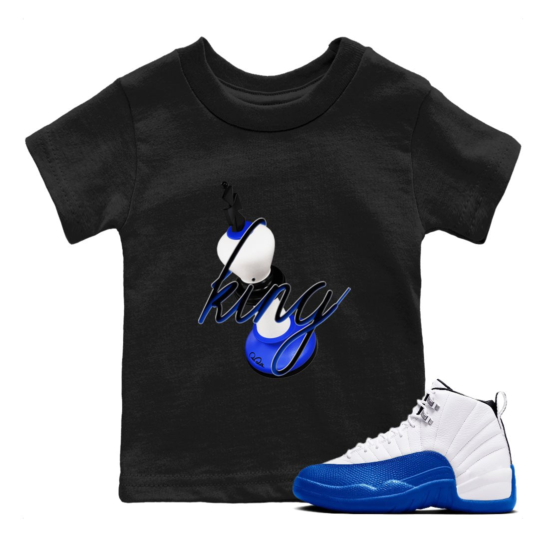 12s Blueberry shirts to match jordans 3D King best t shirts to wear with jordans AJ12 White and Game Royal match shoes to clothes SNRT Sneaker Tees Youth Baby Black 1 tee