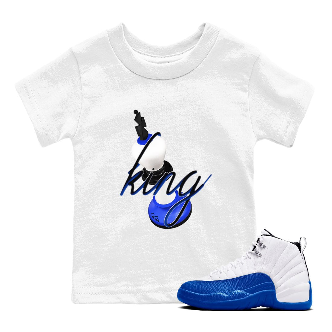 12s Blueberry shirts to match jordans 3D King best t shirts to wear with jordans AJ12 White and Game Royal match shoes to clothes SNRT Sneaker Tees Youth Baby White 1 tee