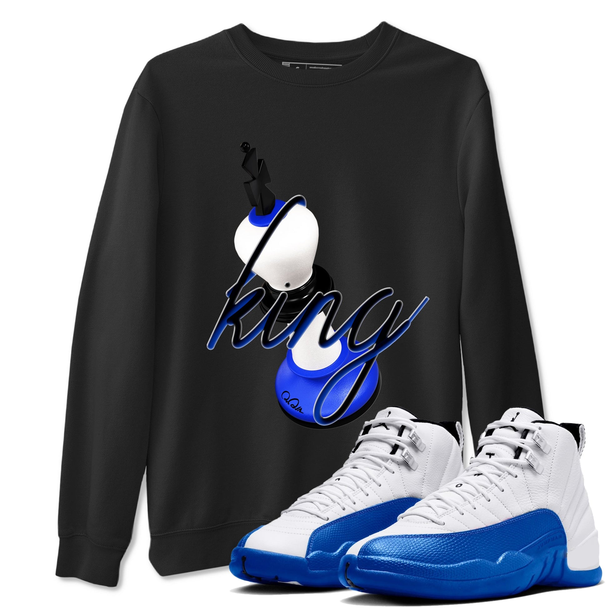 12s Blueberry shirts to match jordans 3D King best t shirts to wear with jordans AJ12 White and Game Royal match shoes to clothes SNRT Sneaker Tees unisex cotton Black 1 shirts