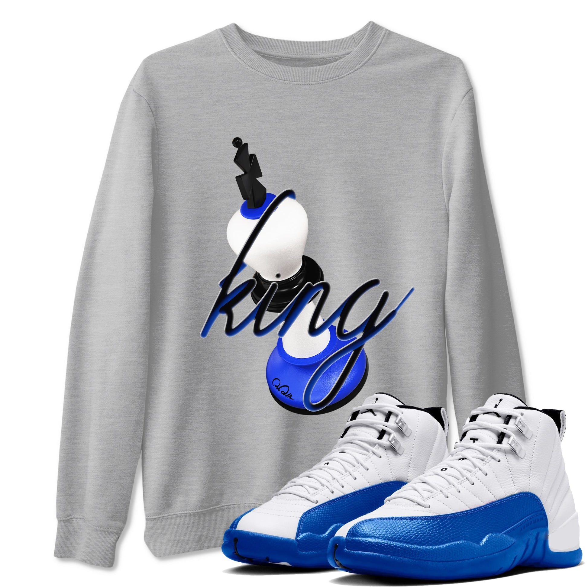 12s Blueberry shirts to match jordans 3D King best t shirts to wear with jordans AJ12 White and Game Royal match shoes to clothes SNRT Sneaker Tees unisex cotton Heather Grey 1 shirts