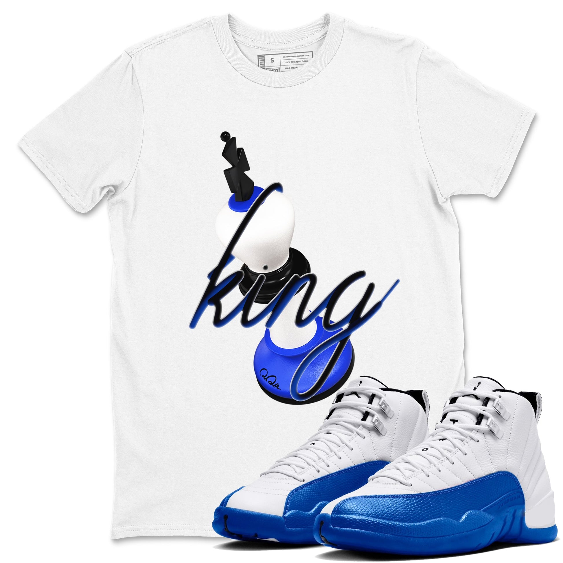 12s Blueberry shirts to match jordans 3D King best t shirts to wear with jordans AJ12 White and Game Royal match shoes to clothes SNRT Sneaker Tees unisex cotton White 1 shirts
