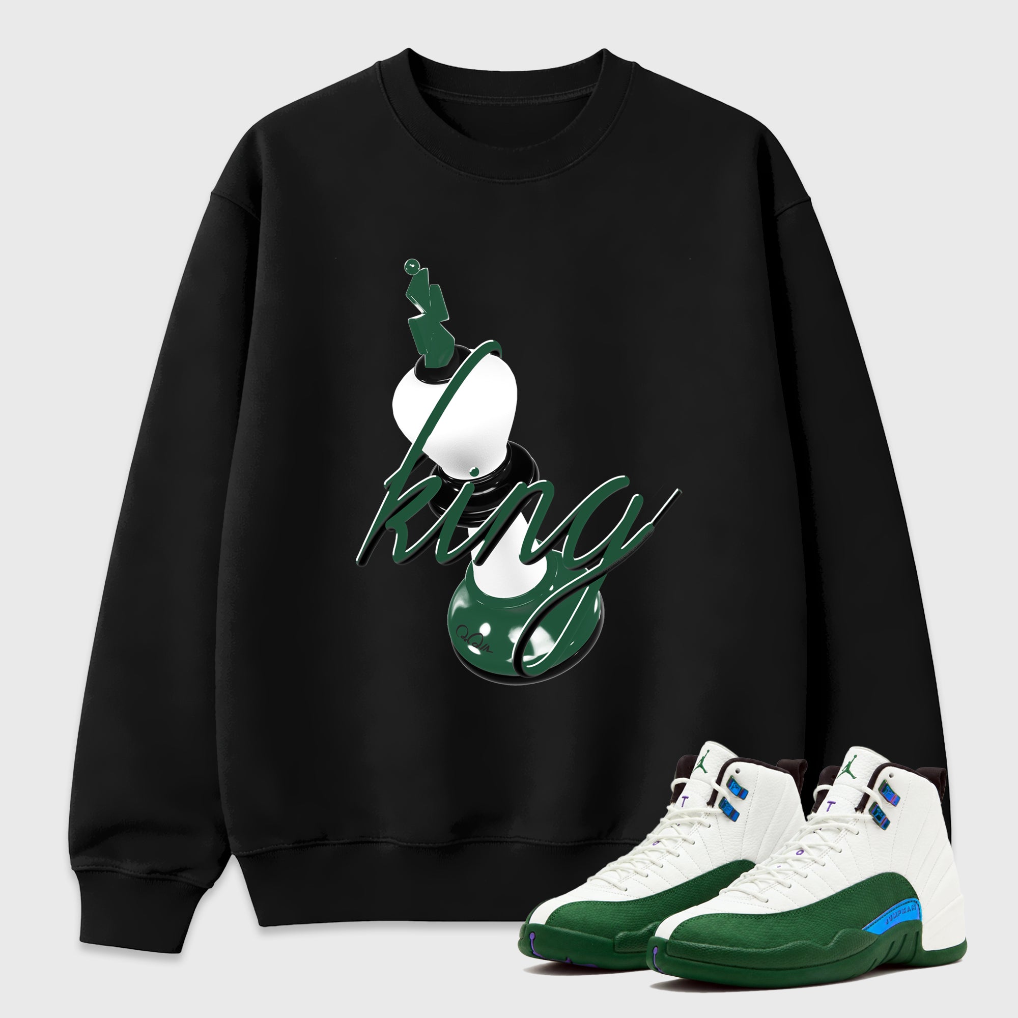 3D King Graphic T-Shirt featuring original streetwear artwork designed to match the Air Jordan 12 Summit Green. Black 1 Graphic Tee.