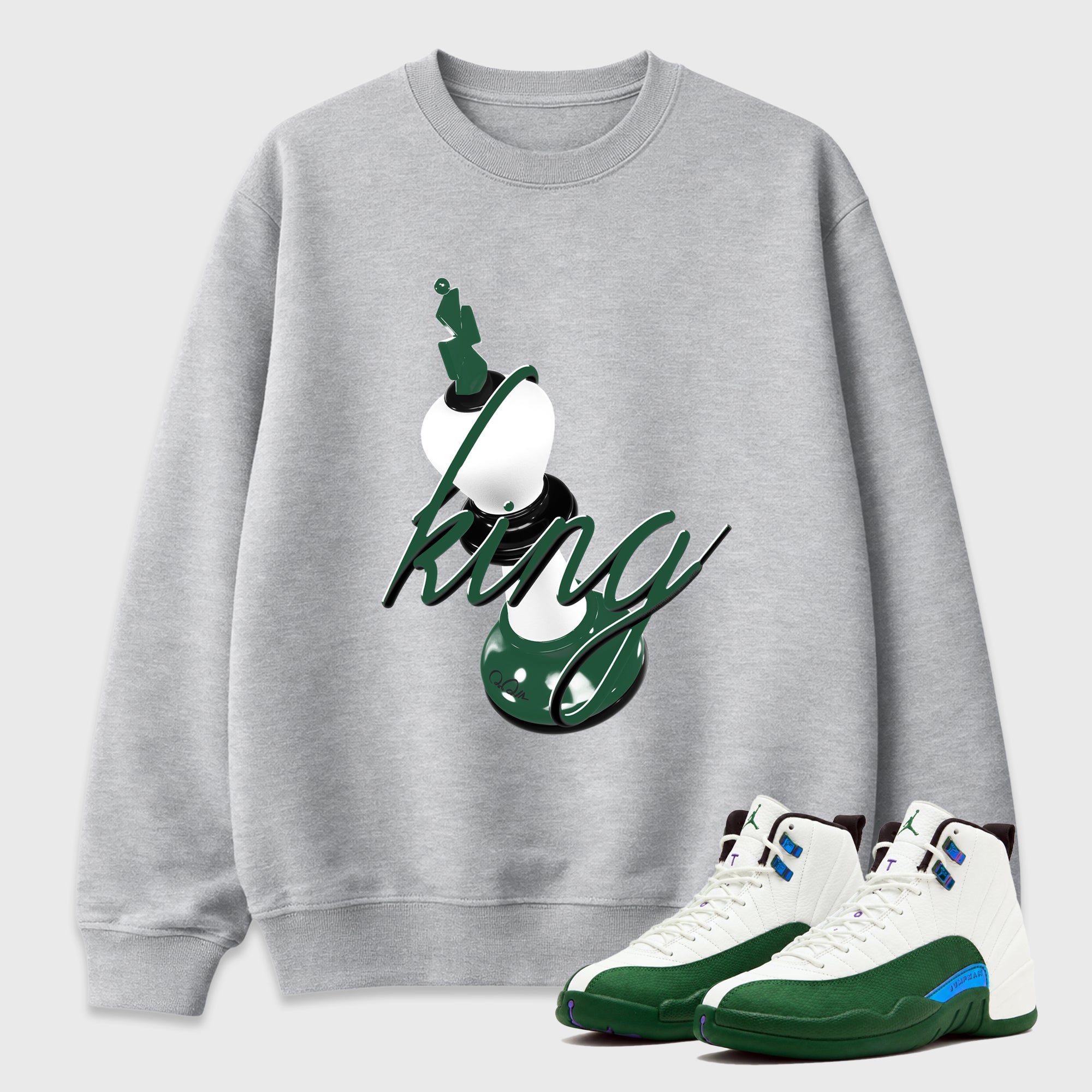 3D King Graphic T-Shirt featuring original streetwear artwork designed to match the Air Jordan 12 Summit Green. Heather Grey 1 Graphic Tee.