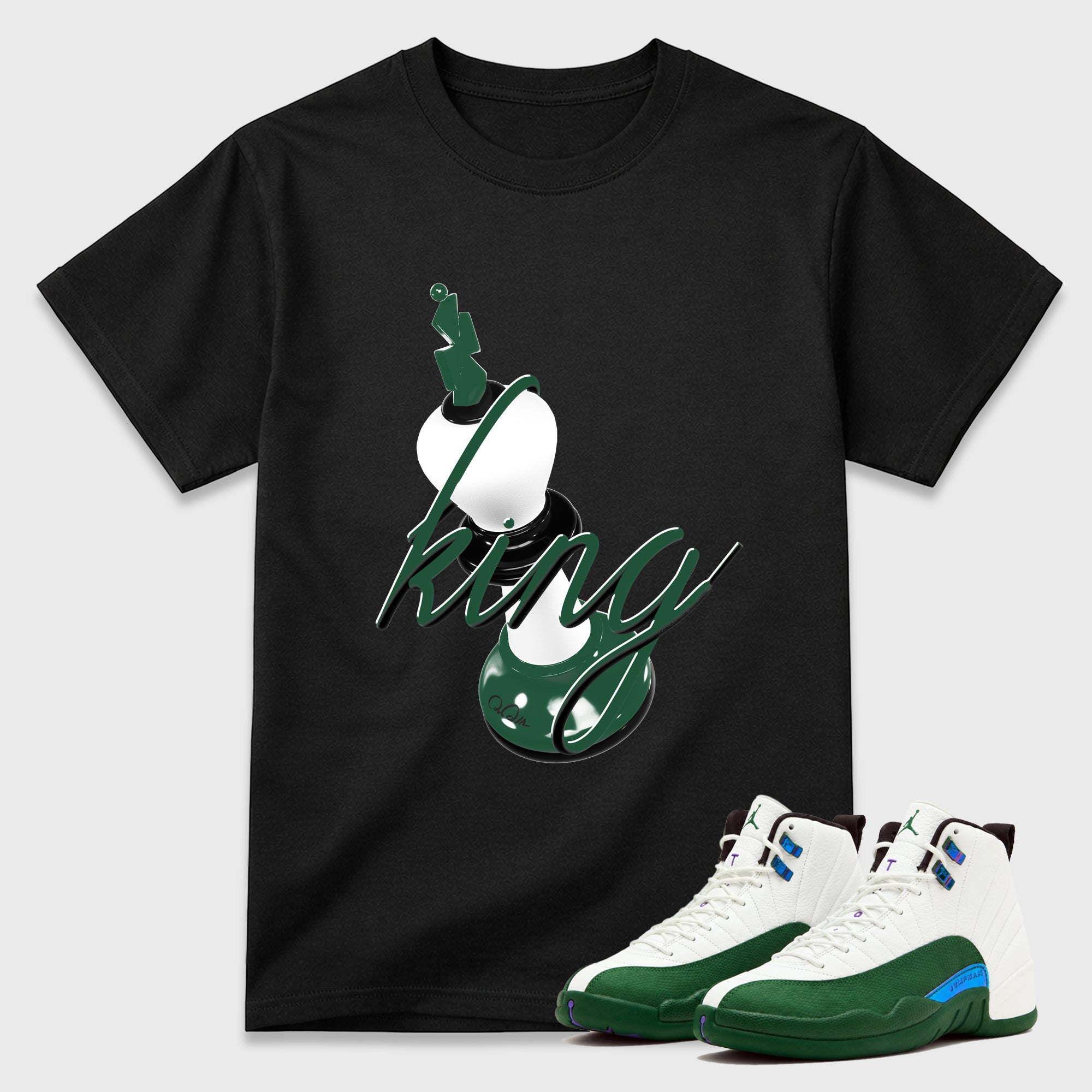 3D King Graphic T-Shirt featuring original streetwear artwork designed to match the Air Jordan 12 Summit Green. Black 1 Graphic T-Shirt.