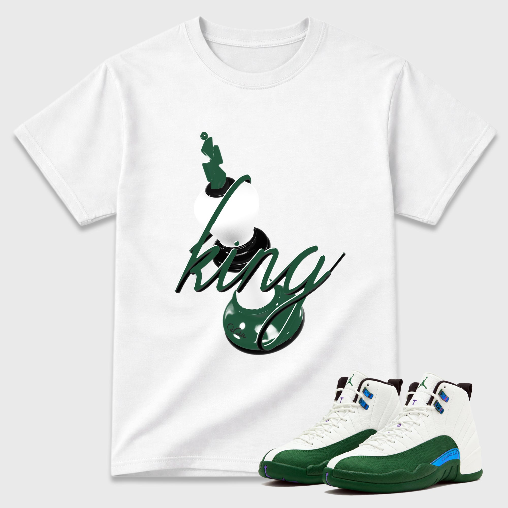 3D King Graphic T-Shirt featuring original streetwear artwork designed to match the Air Jordan 12 Summit Green. White 1 Graphic T-Shirt.