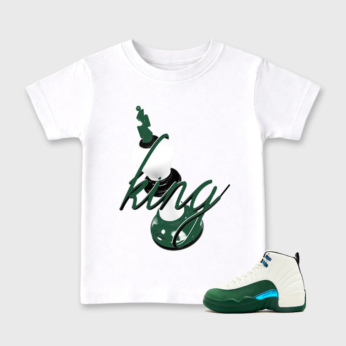 3D King Baby & Kids Graphic T-Shirt featuring original artwork designed to match the Air Jordan 12 Summit Green. White 1 Kids Graphic Tee.